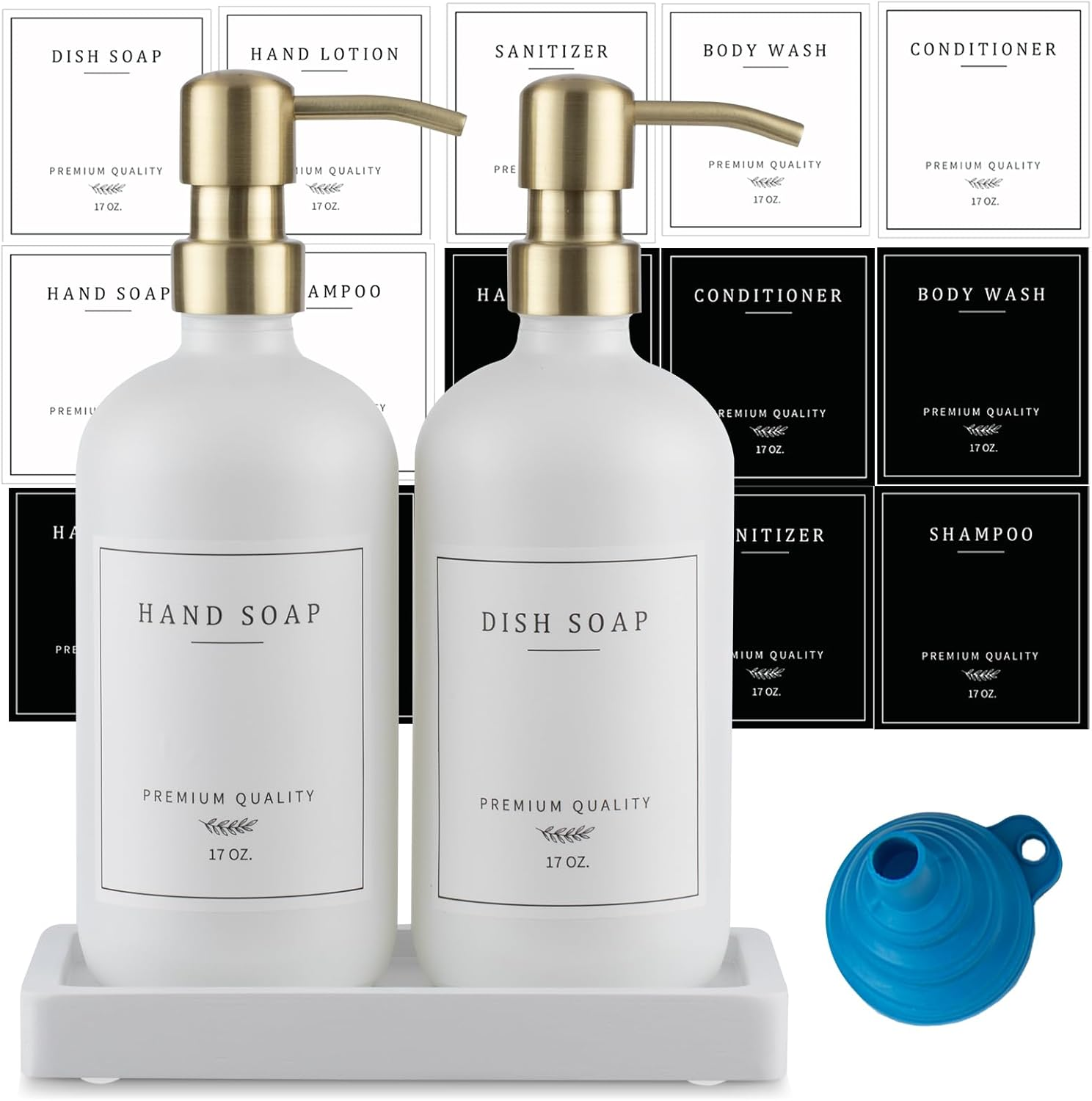 Thick Glass Soap Dispenser - Kitchen Dish Hand Soap Dispenser Set,Rustproof Pump Soap Lotion Dispenser Bathroom with Tray,14 Stickers for Kitchen Decor White Bottle/Gold Pump - Amber Bottle/Black Pump + Tray + Funnel image number 4