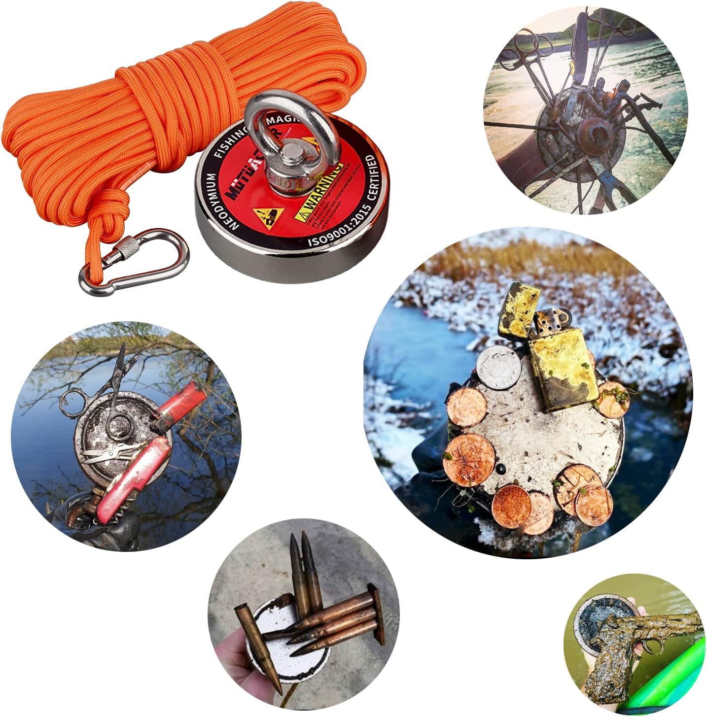 Fishing Magnet Kit,700Lb,1000Lbs,1200Lbs Neodymium Magnet,Strong Magnet Fishing Heavy Duty with 65Ft Salvage Rope,Gloves,Bag for Retrieving Tools &Find Treasure (700Lbs Vertical Set) image number 5