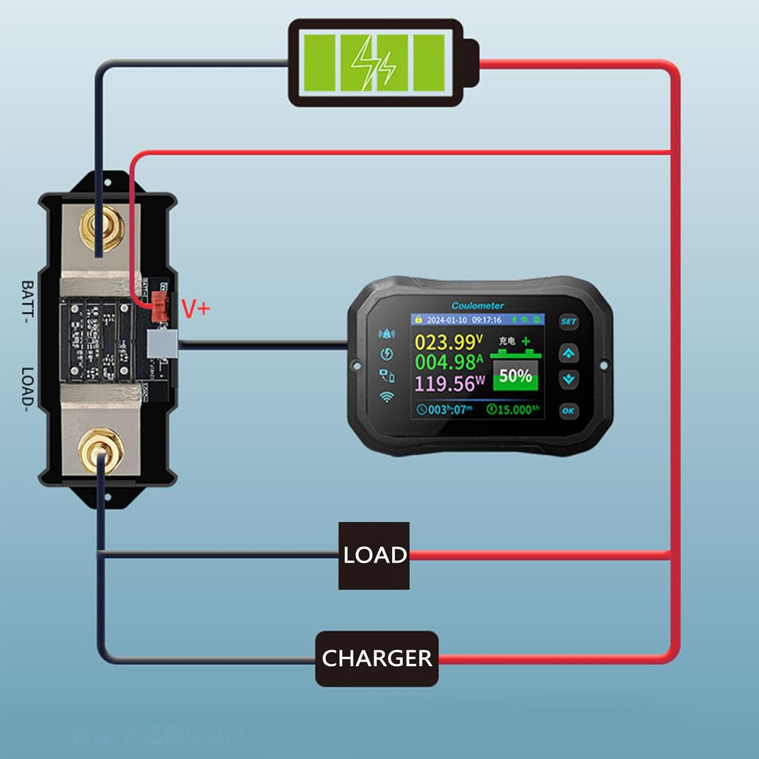 Wifi Battery Monitor with Shunt, 10-100V 0-50A Bidirectional Detection Remote Monitoring Battery Monitor with 2.4 Inch Color LCD Screen image number 3