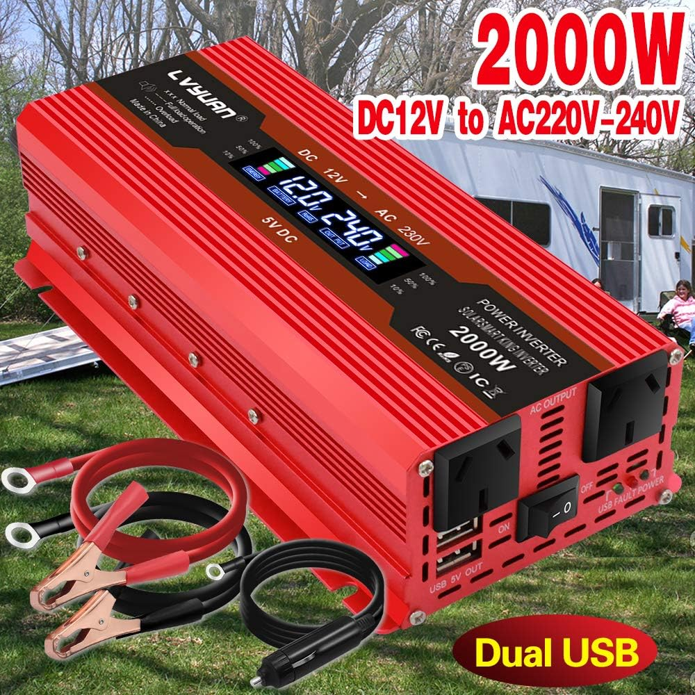 Yinleader 1000W/2000W(Peak) Car Power Inverter DC 12V to 240V AC Converter with Intelligent LCD Display Dual AC Outlets Dual USB for RV Caravan Truck Laptop(Red) image number 4