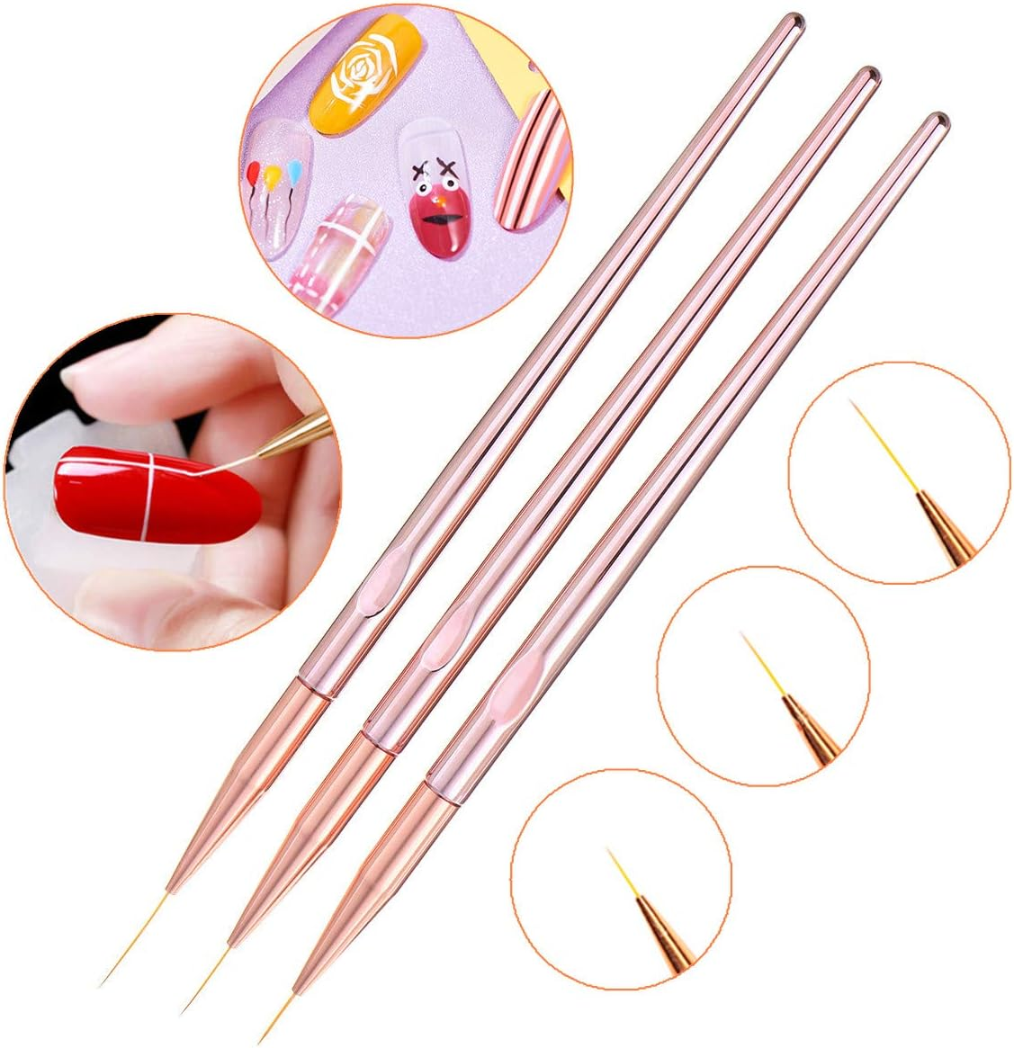 6PCS Nail Art Liner Brushes Set, UV Gel Acrylic Nail Art Drawing Painting Brushes Rose Gold Handle French Stripe Lines Painting Nail Pens image number 3