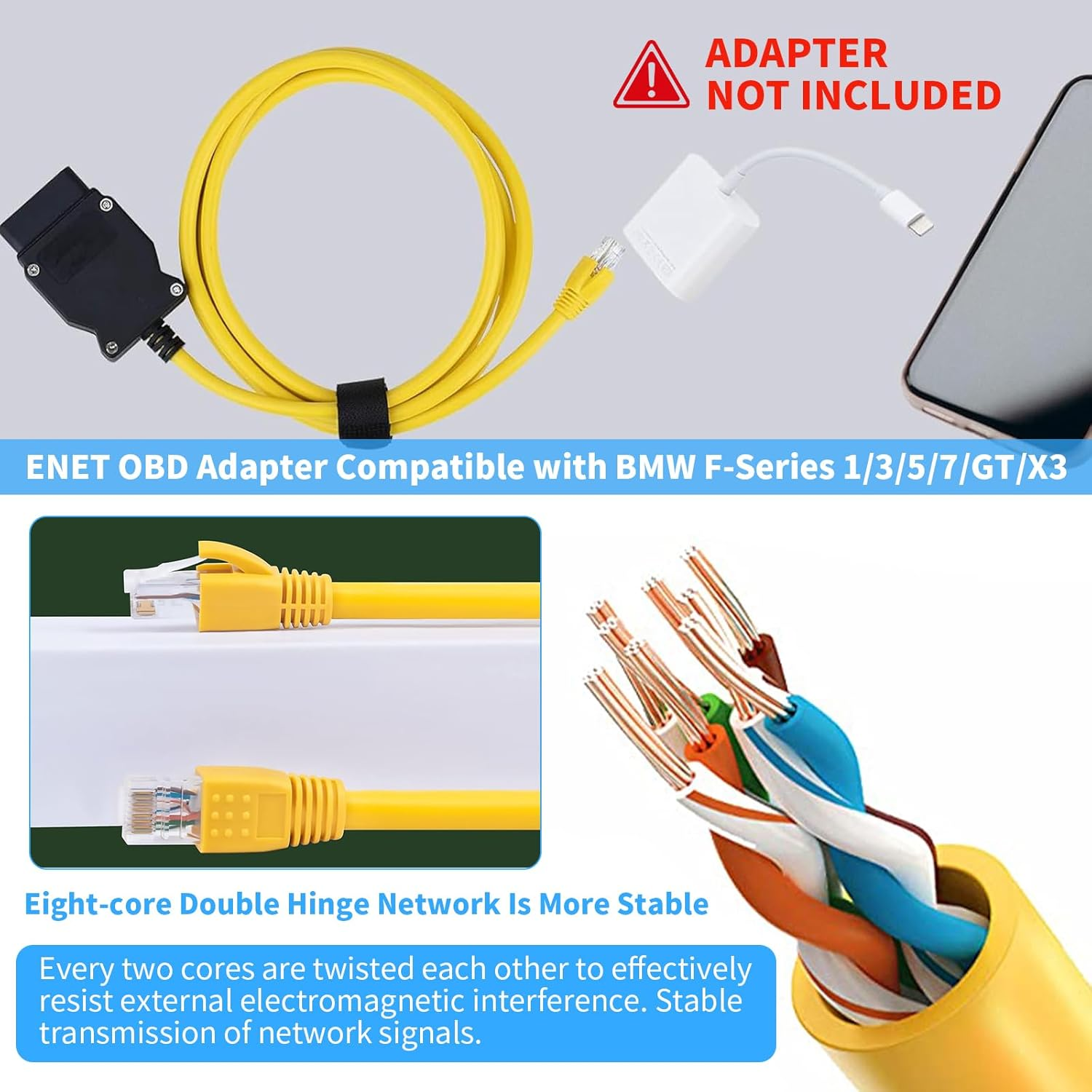 ENET OBD Adapter Compatible with BMW F-Series 1/2/3/4/5/6/7/X - 2M Ethernet Cables Diagnostic Tool for Coding & Programming, ENET Cable Interface, Cable OBD Interface Coding Diagnostics Adapter image number 3