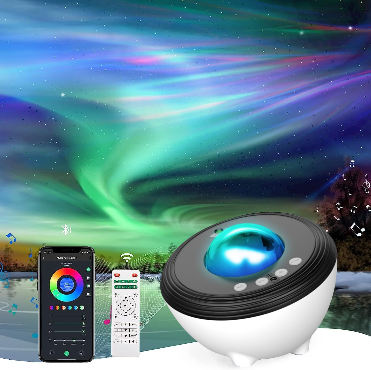 Yunlone Star Projector Galaxy Projector with 33 Lights, Smart Aurora Lamp Projector 8 White Noise Sound Machine Night Light Projector with Bluetooth Speaker IR Remote Timer for Bedroom/Game Room/Party