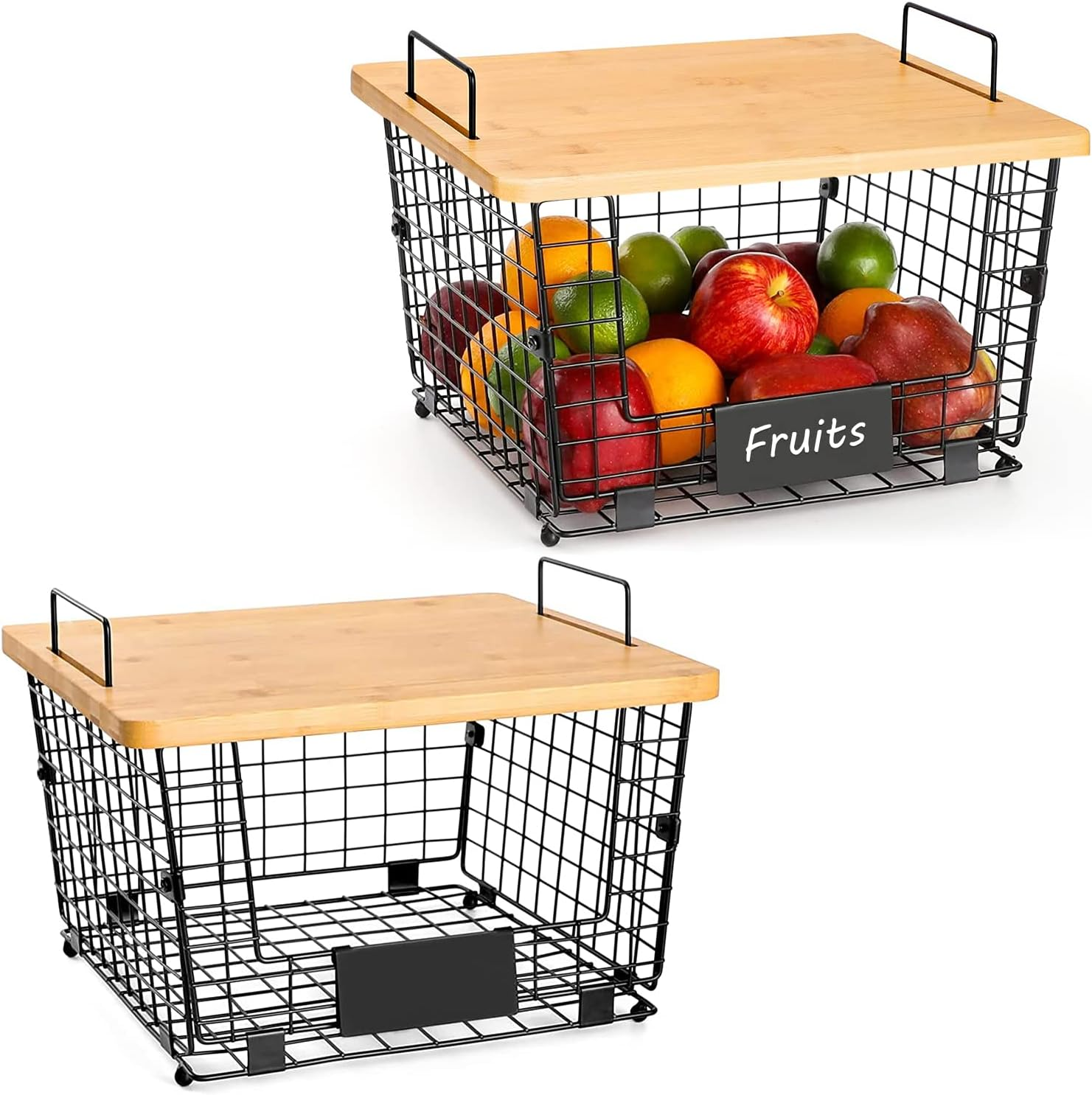 BYUNER Kitchen Counter Basket with Bamboo Top Potato Storage Pantry Cabinet Organization Countertop Organizer Fruit Vegetable Bread Wire Basket Cabinet Pantry Storage 2Pcs