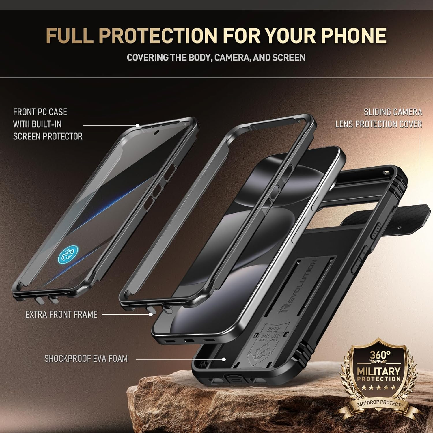 Poetic Revolution Case for Google Pixel 10 Pro XL 5G, [Slide Camera Cover], Built-In Screen Protector [Work with Fingerprint ID], [2 Front Frame] Full Body Rugged Shockproof Case with Kickstand, Black image number 1