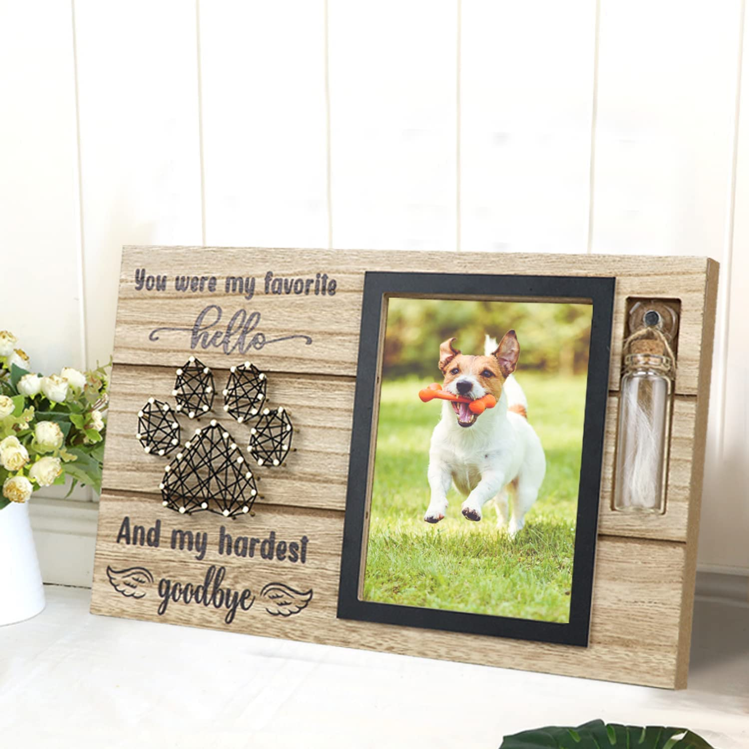 Free-Space Pet Memorial Picture Frame with Small Glass Bottle for Ashes or Hair Dog Cat Loss Gift (Black) image number 1