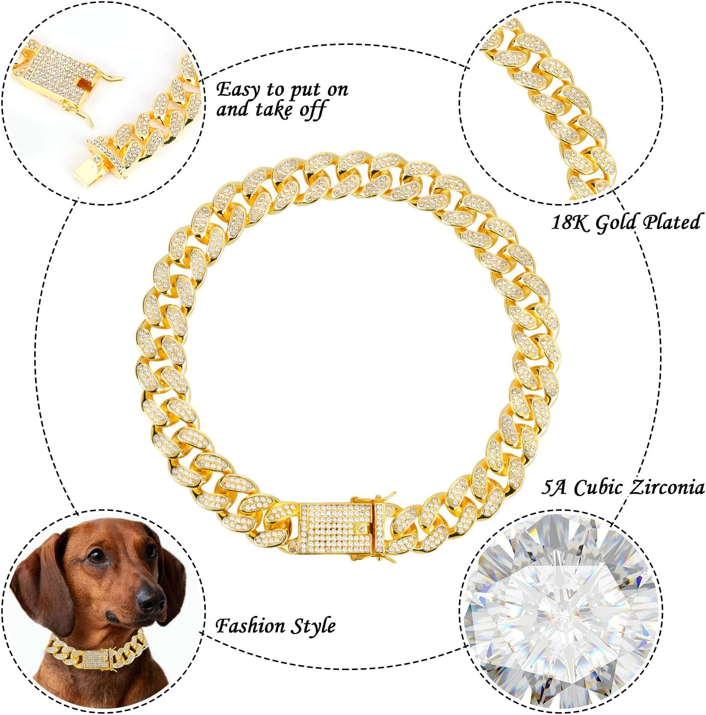 YGAOHF Gold Dog Chain Collars, 15 Mm Width Diamond Cuban Link Dog Collar, Heavy Duty Gold Chain Dog Collar with Secure Buckle, Dog Necklace Walking Collar for Medium Large Dogs Cats, 18 Inch image number 3