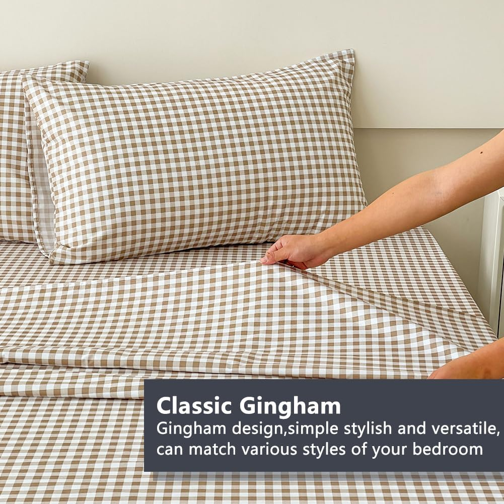 NSNLGSGC Tan Gingham Queen Sheet Set, Soft Brushed Microfiber Taupe Plaid Queen Bed Sheets, 4-Pieces Brown Grid Sheet Set with Deep Pocket image number 5