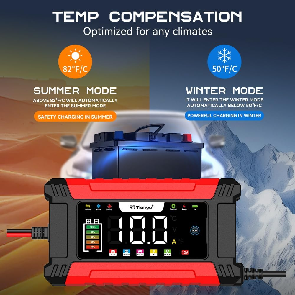 AILRINNI 10-Amp Car Battery Charger, 12V Smart Car Battery Charger AU Plug,Trickle Charger for Car - Smart Fully-Automatic Battery Maintainer with Temperature Compensation and LCD Display image number 5