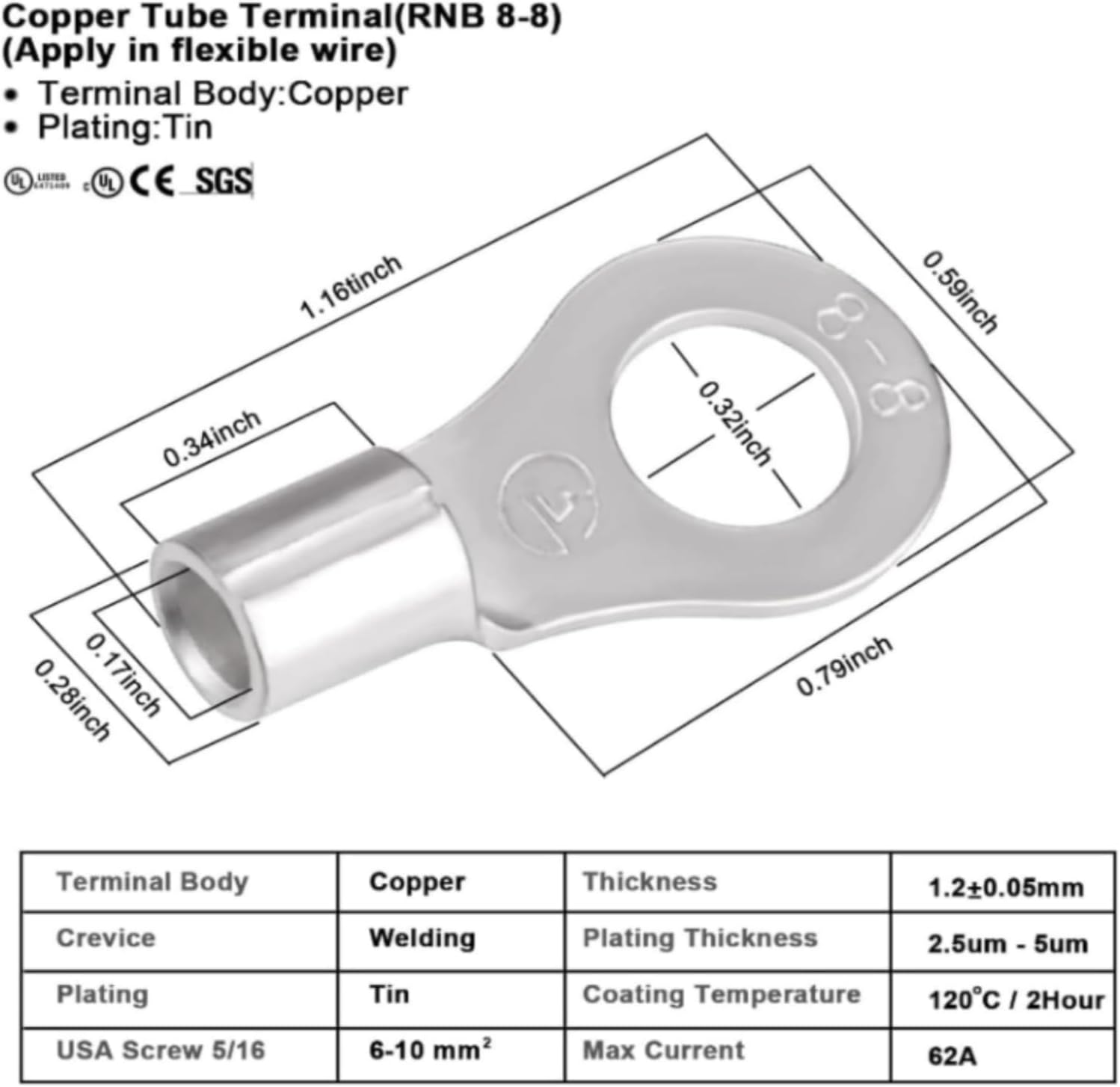 60CM 50A Fused 6AWG Anderson Connector to Battery Terminal Lug,O-Ring,Heavy Duty 13.5Mm&sup2; Pure Copper for Solar,Battery Box (Dia.Ad-6Mm Eyelets-Fused) image number 3