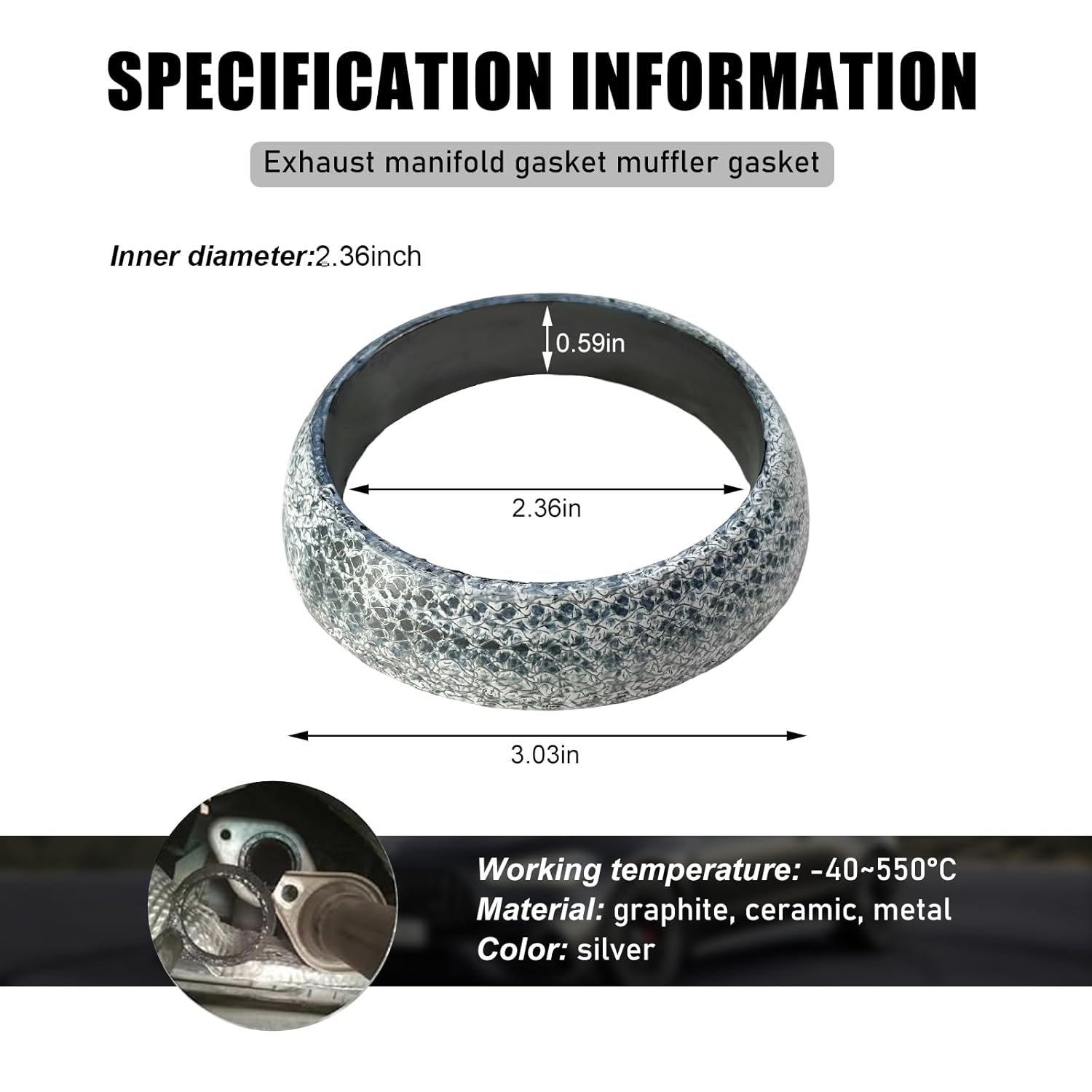 ID 60Mm Car Exhaust Gasket, Graphite Construction Exhaust Donut Gaskets Seal Muffler Ring, Leakproof Exhausts Pipe Manifold Gasket Muffler Gaskets Replacement for RV SUV Truck image number 3