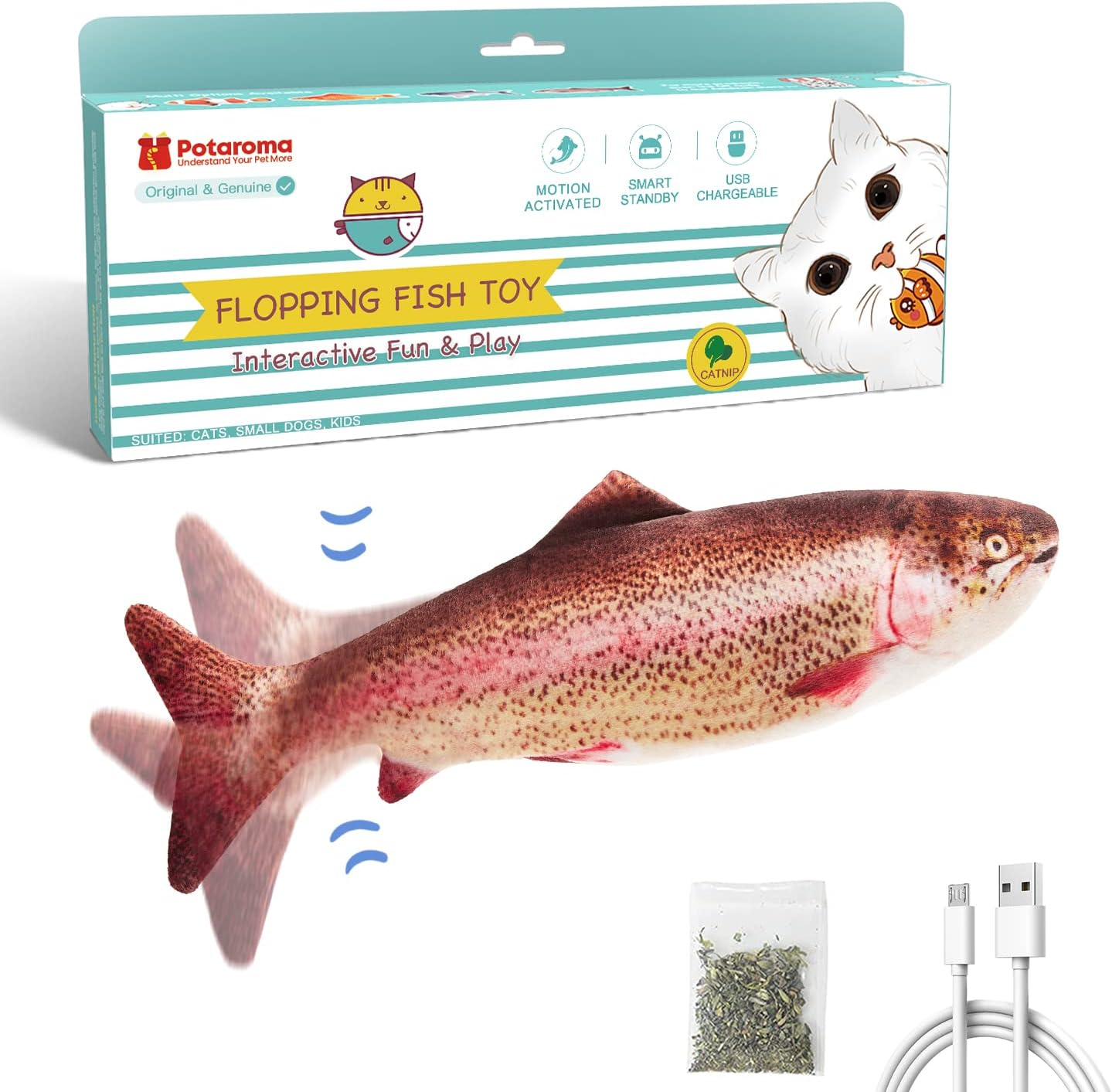 Potaroma Cat Toys Flopping Fish with Silvervine and Catnip, Moving Cat Kicker, Floppy Wiggle Fish for Small Dogs, Motion Kitten Toy Interactive Cat Exercise Toys, Mice Animal Toys 10.5"