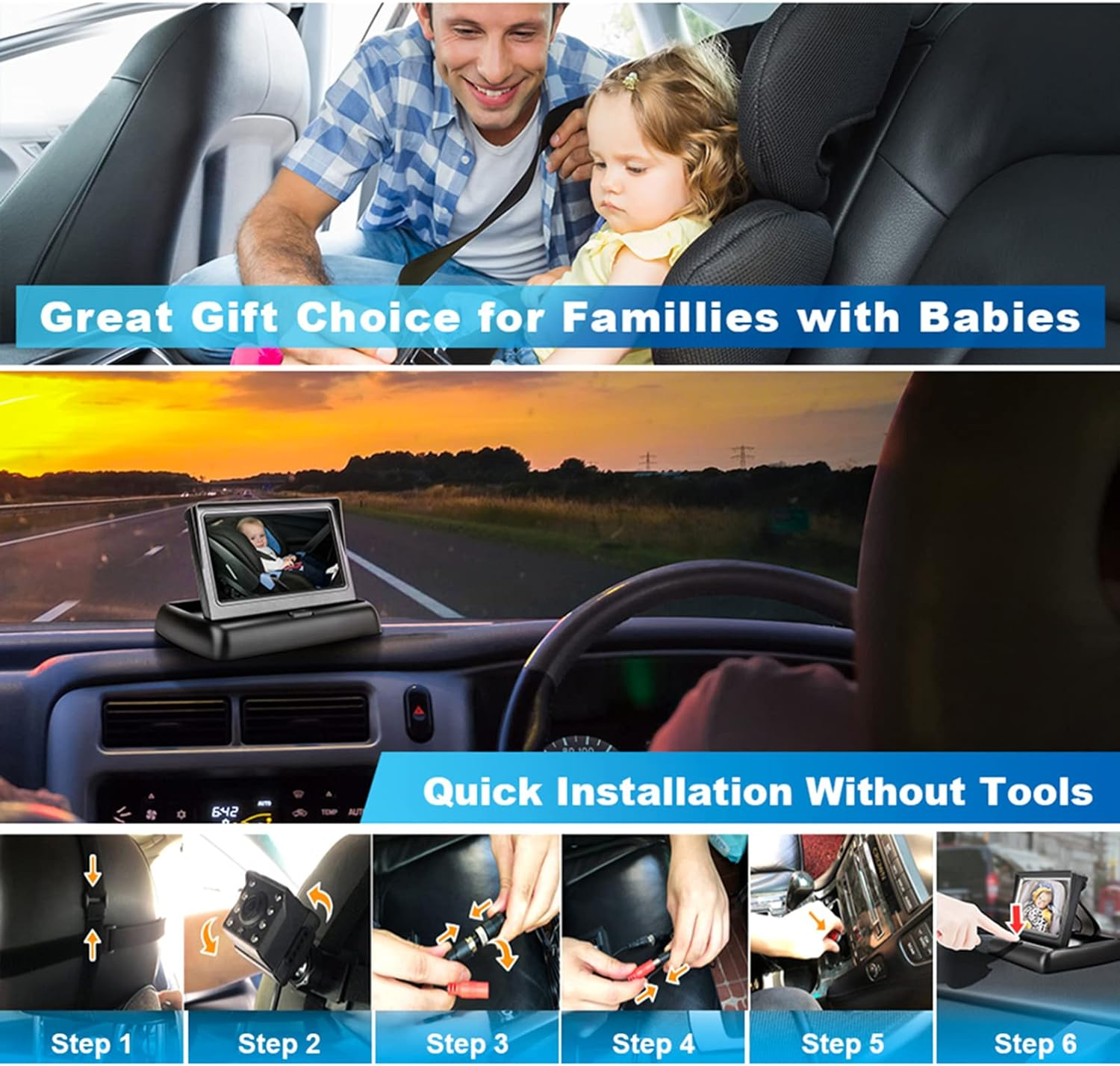 Sazak Baby Car Monitor 1080P Monitor Camera for Baby Rear Facing Seat 4.3 Inch Folding Car Seat Mirror Display 150&deg; Wide View Baby Car Mirror Camera Easy Installation image number 2