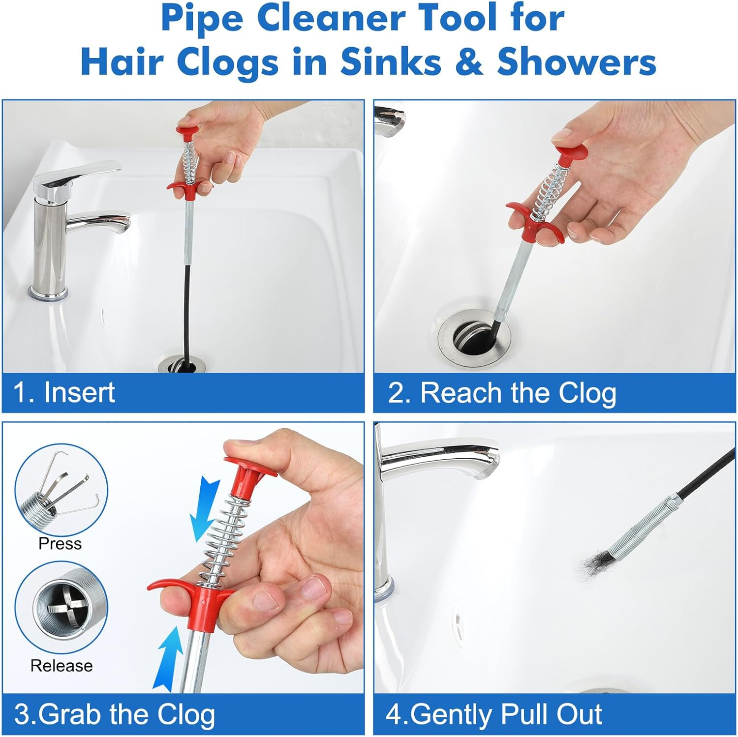 Cozary Pack of 4 Drain Cleaner Spiral, Double Head Pipe Cleaning Brush, Stainless Steel Duct Cleaner, with Pipe Cleaner, Drain Brush and Flexible, Drain Brush, for Drain in Kitchen and Shower image number 1