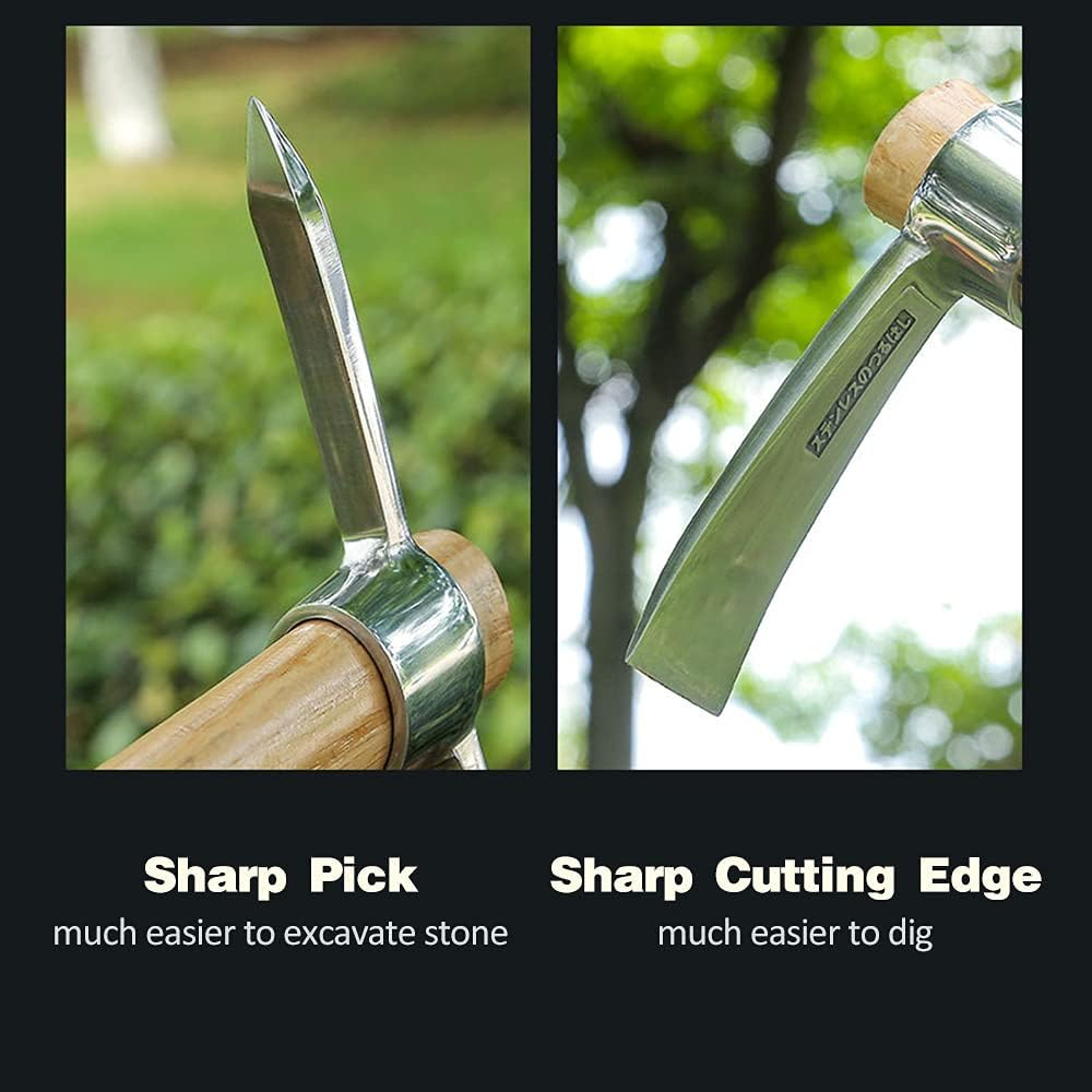 RCKEY Outdoor Camping Multifunctional Pickaxe Hoe Heavy Duty Stainless Steel Pick Axe Hand Hoe with Wooden Handle image number 2