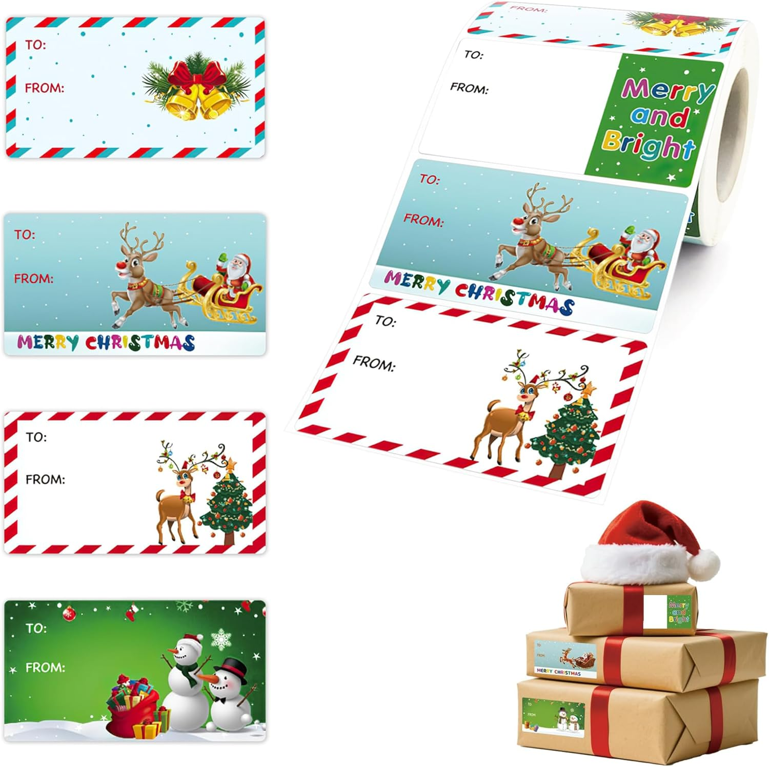 Christmas Tags Gift Stickers 500 Pcs &ndash; 3 X 1.6 Inch Self Adhesive Name Labels for Presents, Santa Design Baubles Wrapping Paper, the Gifts Holiday Tags for Christmas, Birthdays, Weddings, Party image number 3