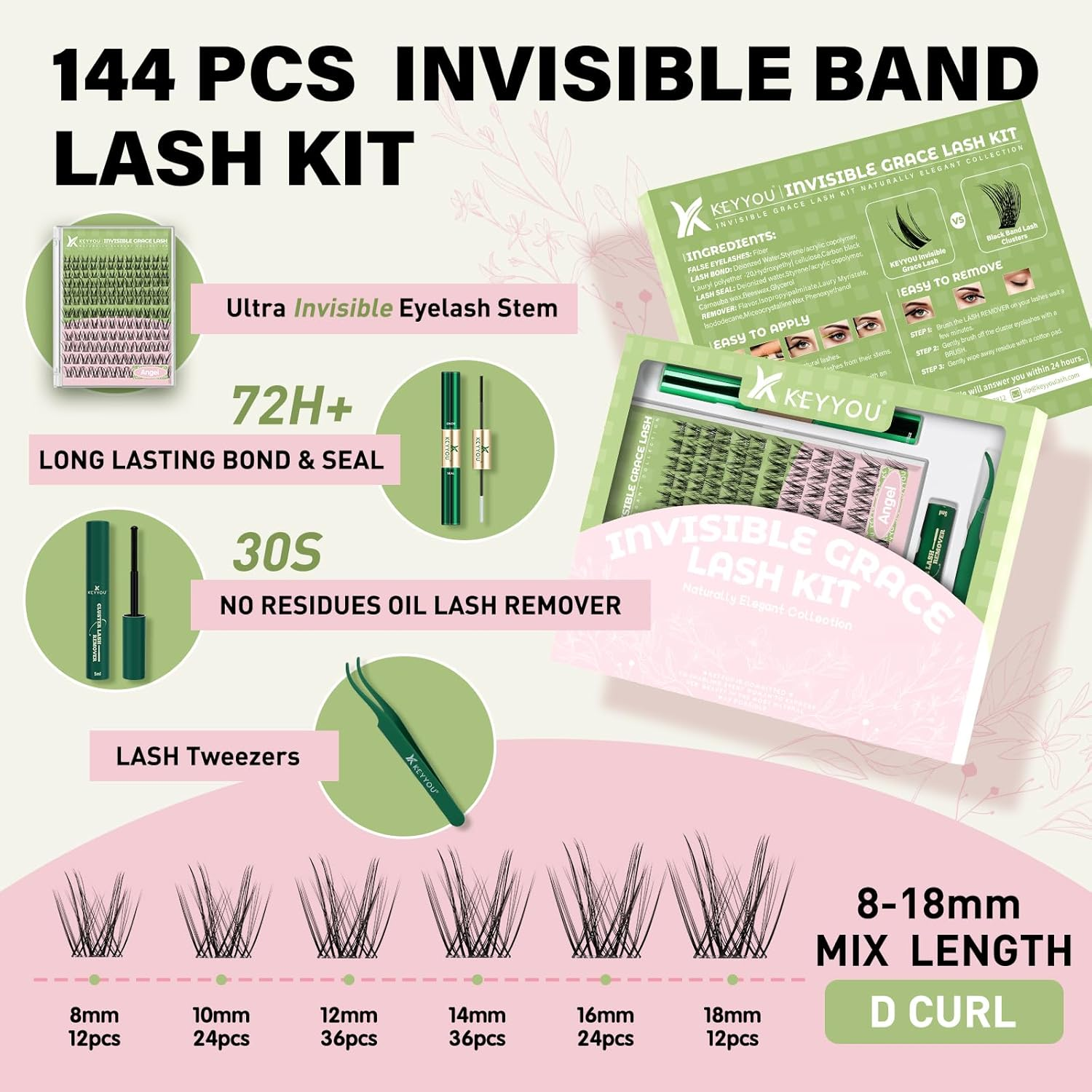 Lash Extension Kit KEYYOU Lash Clusters Wispy Natural Individual Bond Lashes D Curl Invisible Clusters Eyelash Extension Kit with Lash Bond and Seal and Lash Applicator for Self Use(Tb01-D-8-16Mix) image number 2