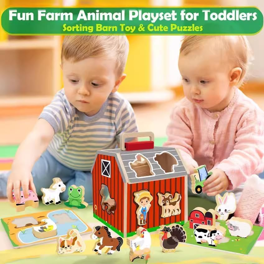 Wooden Farm Animals Shape Sorter Toys, Take-Along Sorting Barn Toy with Baby Chunky Puzzles, Montessori Shape Sorting Learning Toys for Fine Motor Games for Toddlers Kids Ages 2+ image number 3