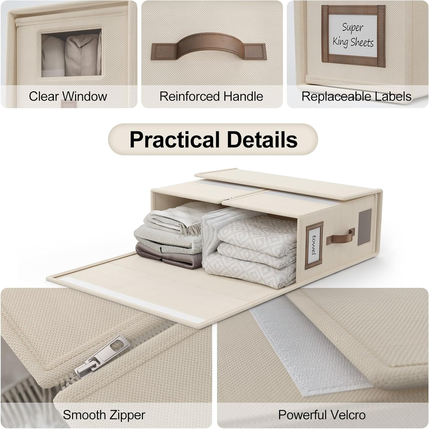 Bed Sheet Organizers and Storage,Foldable Sheet Organizer for Linen Closet,Linen Bedding Storage Box with Leather Handle for Bedsheets,Flannel Blankets,Thin Quilts (Beige, 4 Pack) image number 5