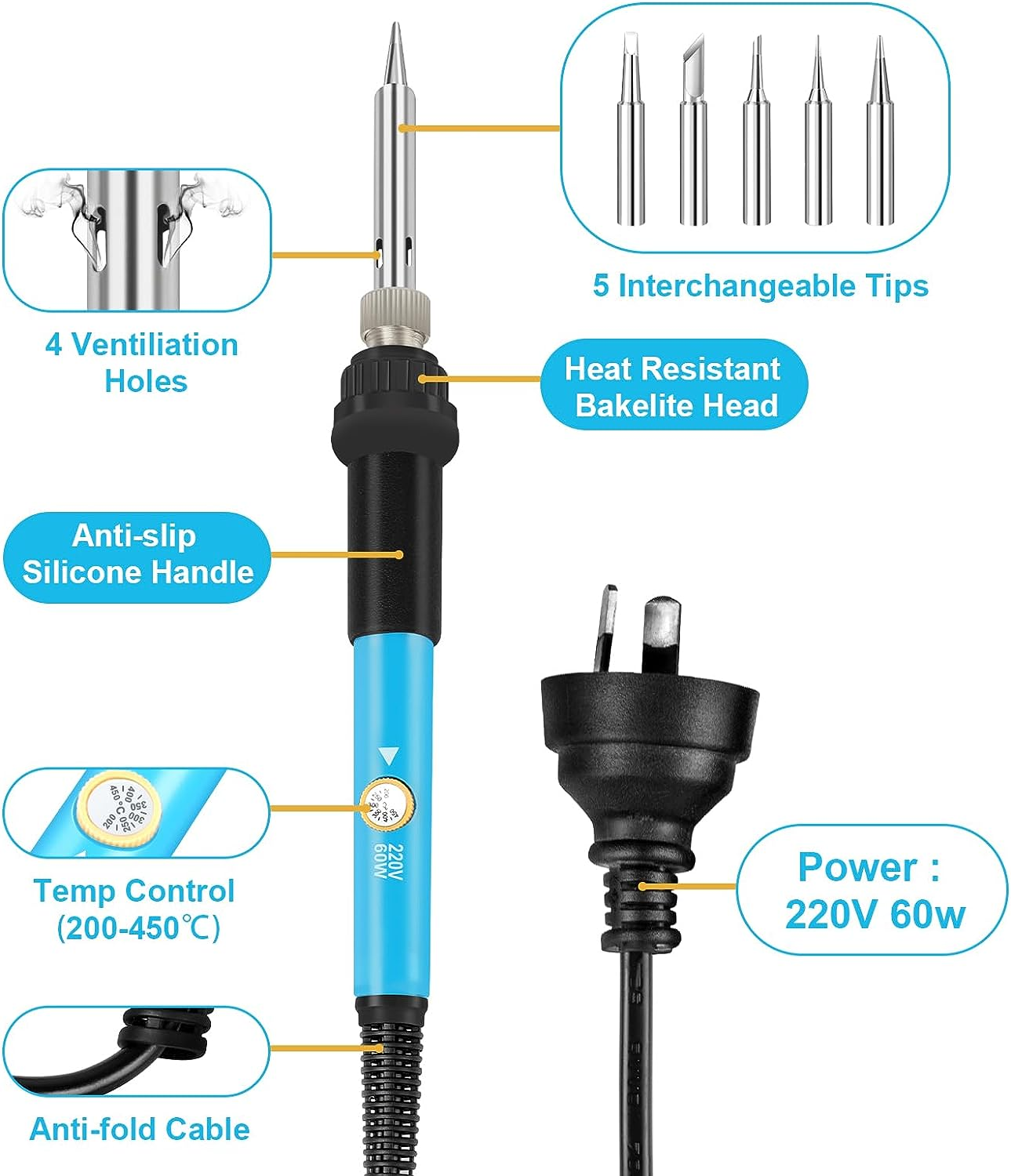 60W Soldering Iron Kit, Adjustable Temperature Welding Tool with LCD Digital Soldering Welding Iron Kit Household Electronic Soldering Repair Tools image number 3