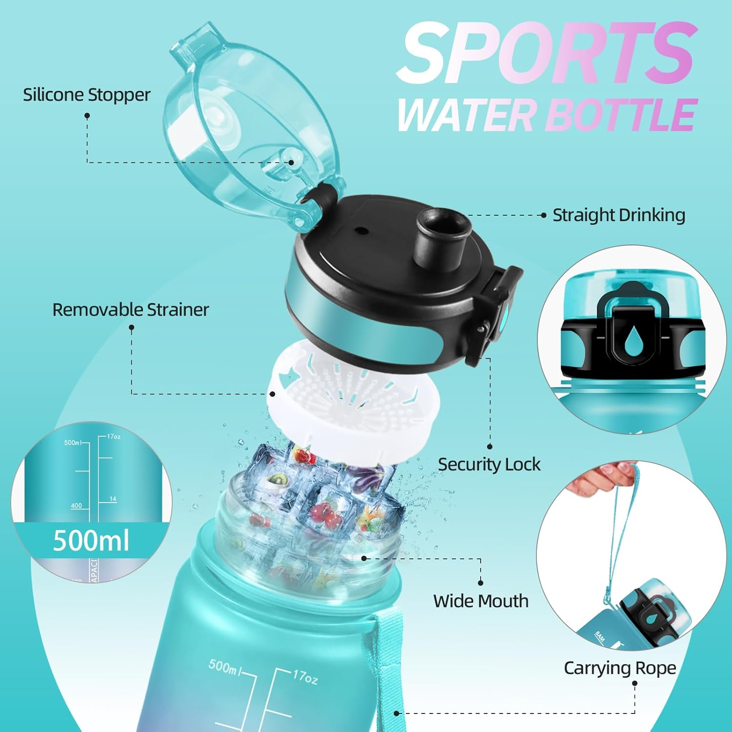 Children'S Water Bottle with Filter, Sports Water Bottle 500 Ml with Motivational Slogan, Leak-Proof Drinking Bottle, Can Be Carried, for School, Yoga, Outdoor, Hiking, Running, Green/Pink image number 3