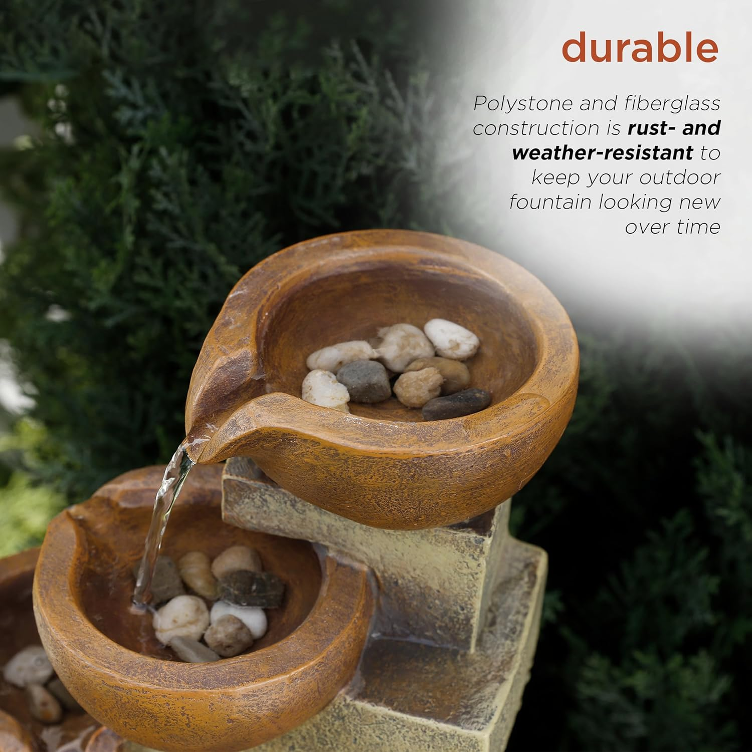 Alpine Corporation WCT726 Indoor/Outdoor Tabletop Tiered Pouring Pots Waterfall Fountain with Natural Stone Look, 16", Brown image number 6