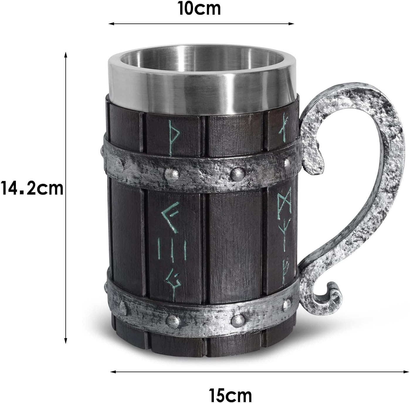 Ottalent Nordic Viking Mug,Oak Wooden Beer Stein Stainless Steel Liner,Nordic Mythology Viking Runes Tankard Coffee Cup for Men Father&rsquo;S Day Gift 18Oz. image number 3