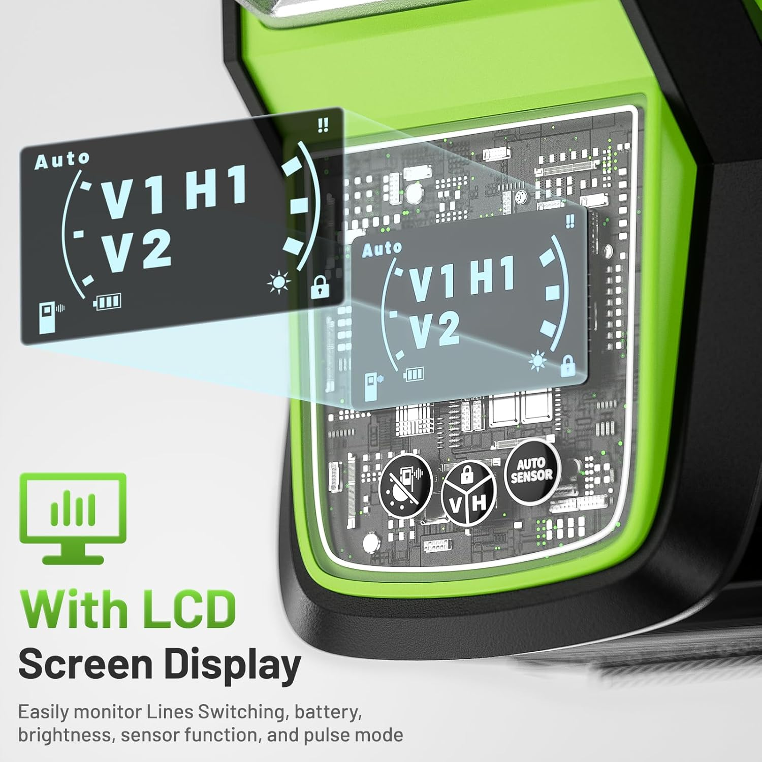 Huepar 3 X 360 Laser Level with LCD Display, 1/13In High Accuracy 3D Green Laser Line Level with Rechargeable Battery & Pulse Mode & Adjust Brightness Laser -Magnetic Base, Hard Carry Case image number 2