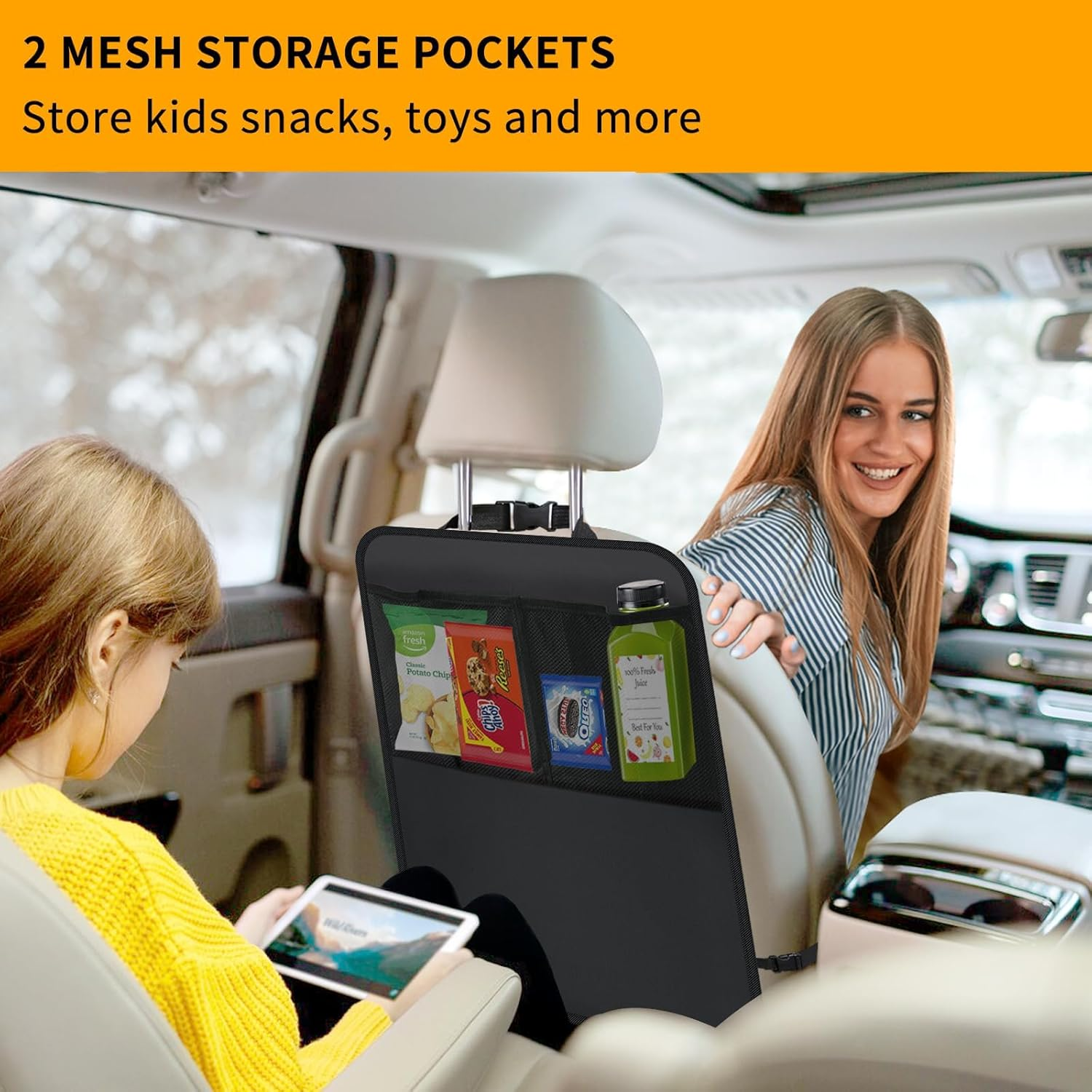 2 Pack Kick Mat Car Seat Protector for Kids &ndash; Backseat Cover with 2-Pocket Car Organizer for SUV, Truck & Minivan | Durable Car Seat Back Protectors & Storage Organizer image number 2