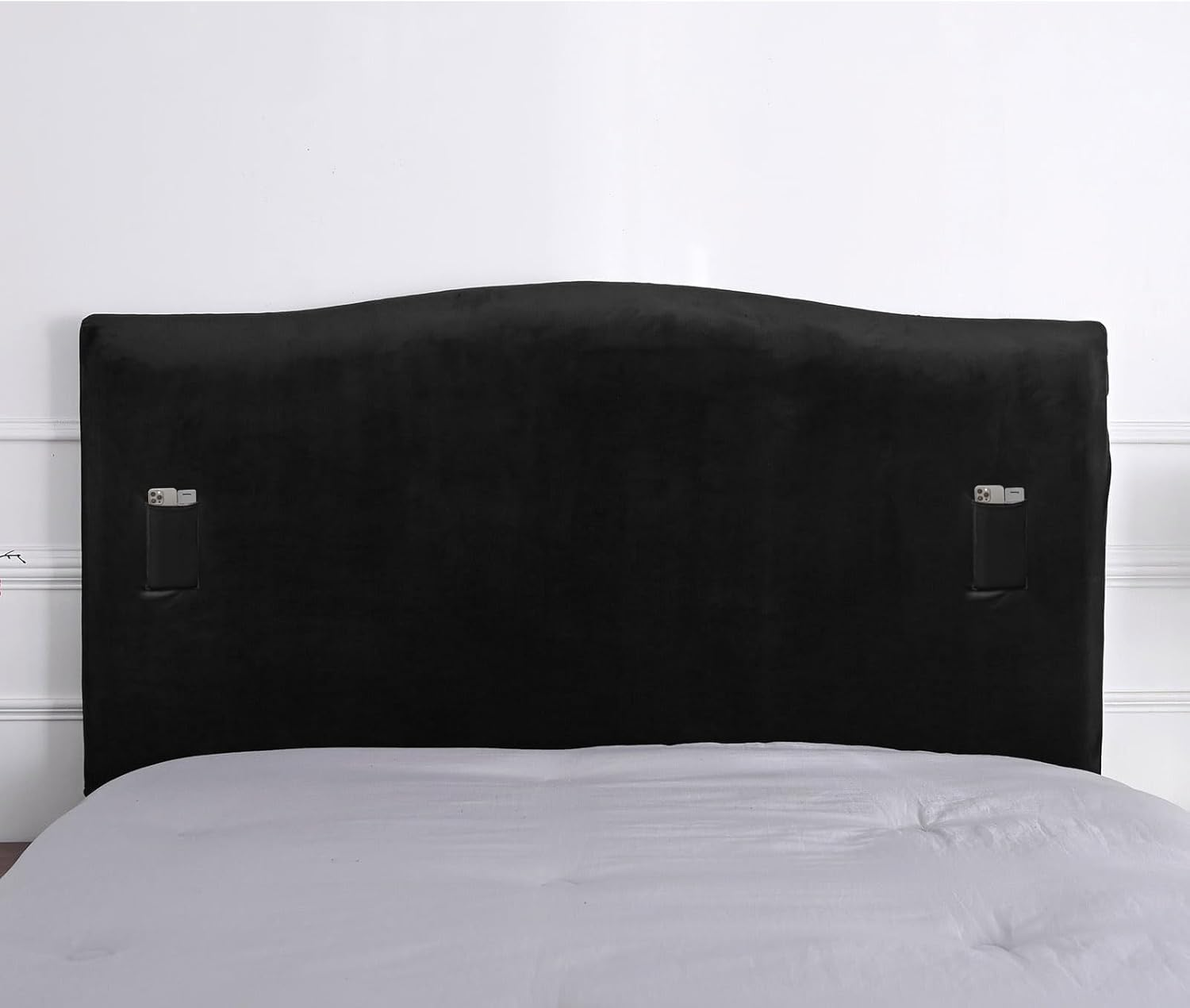 WOMACO Velvet Bed Headboard Slipcover Protector Stretch Solid Color Dustproof Cover for Bedroom Decor, Plush Black, Full (47"-55")