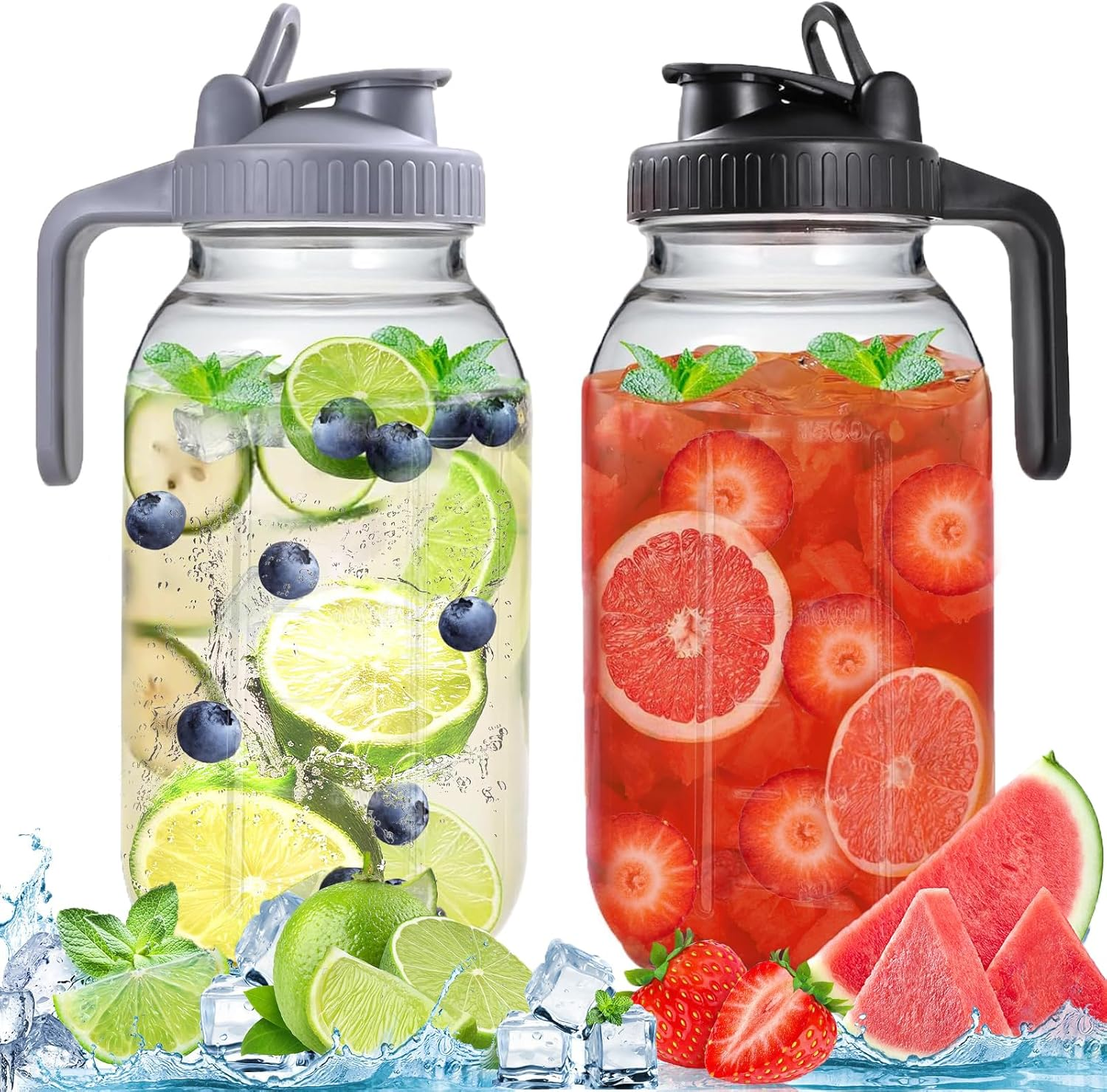 2 Pack Glass Water Jugs with Lid and Spout, 64Oz 1900ML Wide Mouth Mason Jar Pitcher, Leak-Proof Homemade Juice Bottle for Iced Tea Coffee Milk and Drinks
