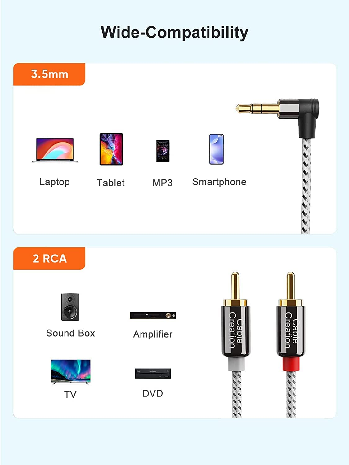 3.5Mm to RCA Cable,Cablecreation 6 Feet Angle 3.5Mm Male to 2RCA Male Auxiliary Stereo Audio Y Splitter Gold-Plated for Smartphones, MP3, Tablets, Speakers,Home Theater,Hdtv,2M image number 6