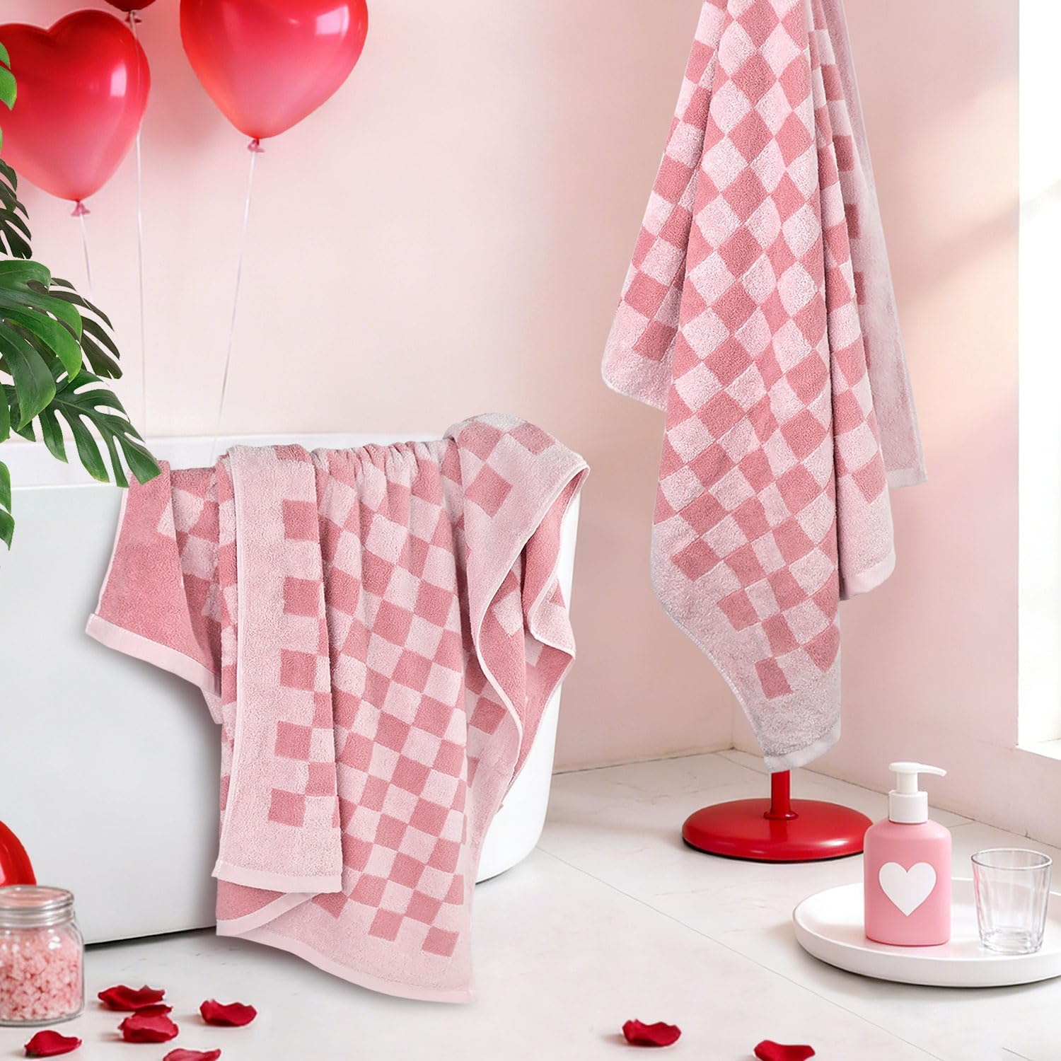 Jacquotha Soft Bath Towels for Bathroom Beach Pool (Pink Checkered), Quick Dry Cotton Shower Towels Set of 2, Cute Funny for Her Women Girls, 27.5X55 Inches image number 3