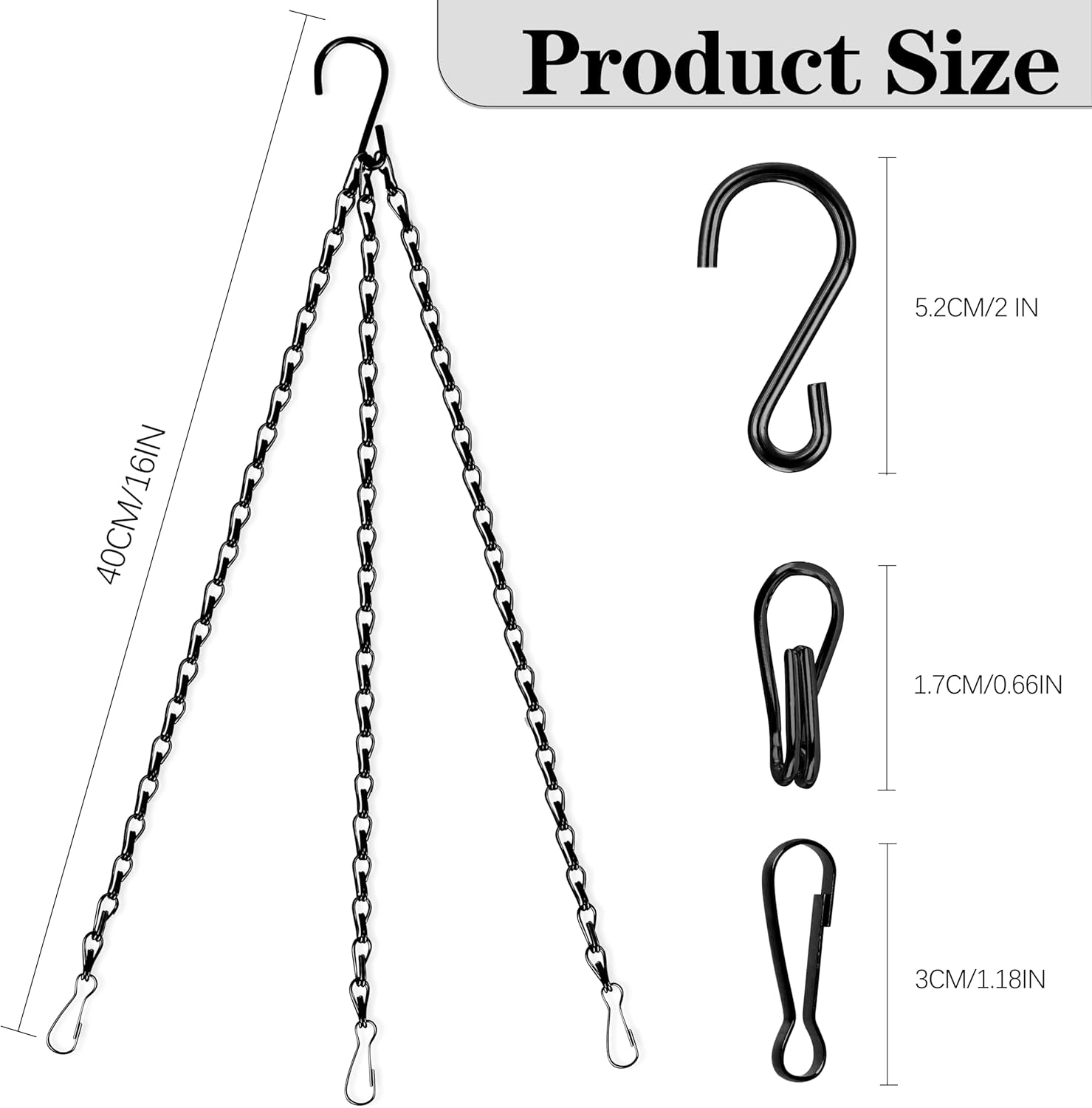 Hanging Basket Chain, 3 Pack 16 Inch Chain for Hanging Plants, Black Plant Chains for Hanging Baskets, 3 Leads Hanging Chain with Hooks for Flower Pots Basket Bird Feeders Sign Wind Chime Billboards