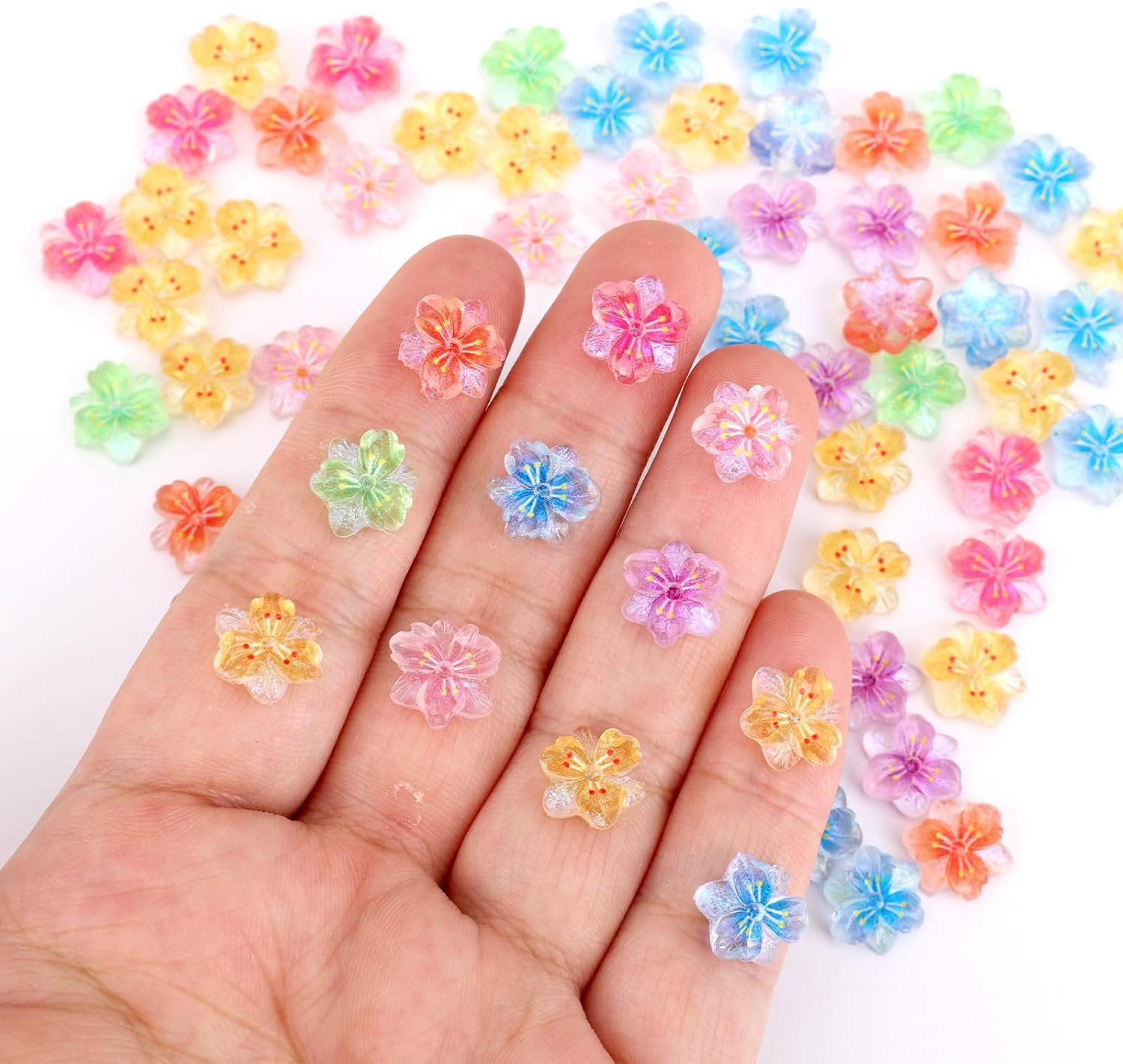 Lasuroa 60Pcs 3D Ice Translucent Hibiscus Flower Nail Charms, Cute Plastic Floral Nail Stickers Mixed Colorful Rhinestones Jewelry for Women Manicure Decorations image number 6