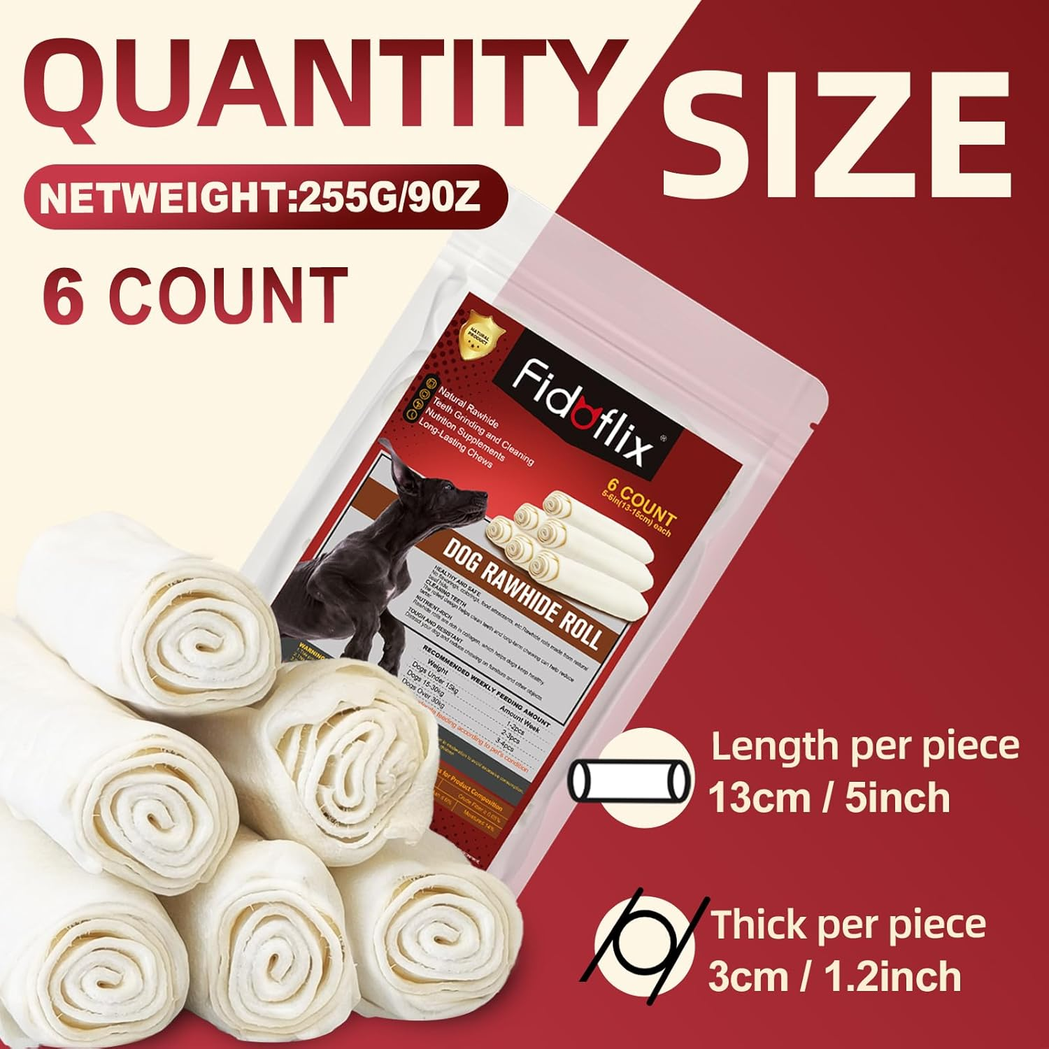 Dog Rawhide Chews,Long Lasting Rawhide Sticks Rawhide Chews,Natural Flavor Dog Beefhide Treats,5-6 Inch Single Ingredient Dog Rawhide Bones for Midium Large Dogs (6 Pack) image number 4