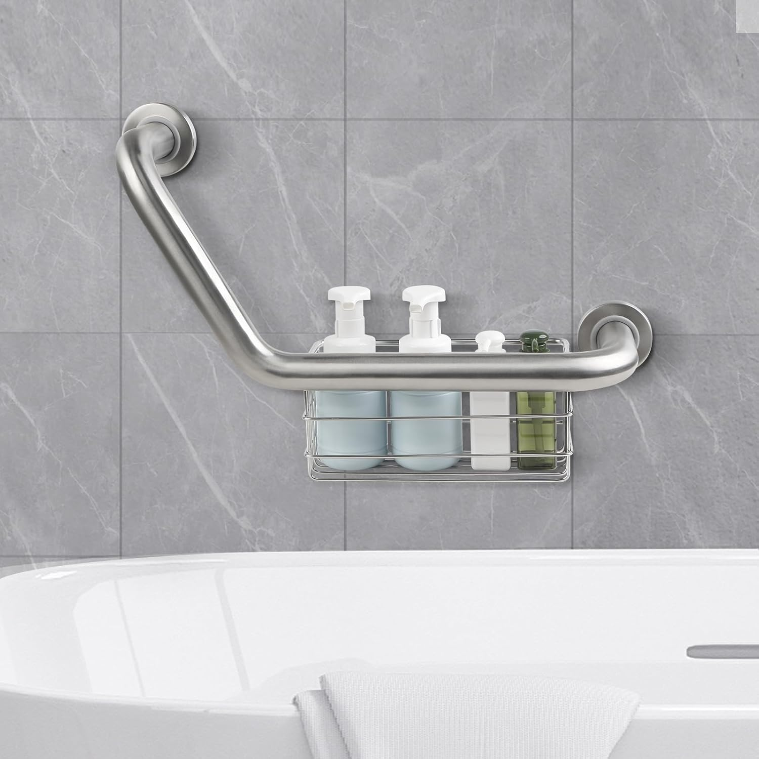 16 Inch Angled Grab Bar with Storage Basket, Handicap Grab Bar for Elderly, Stainless Steel, Grab Bars for Shower, Bathroom Mobility Aid, Heavy Duty 550Lbs Support