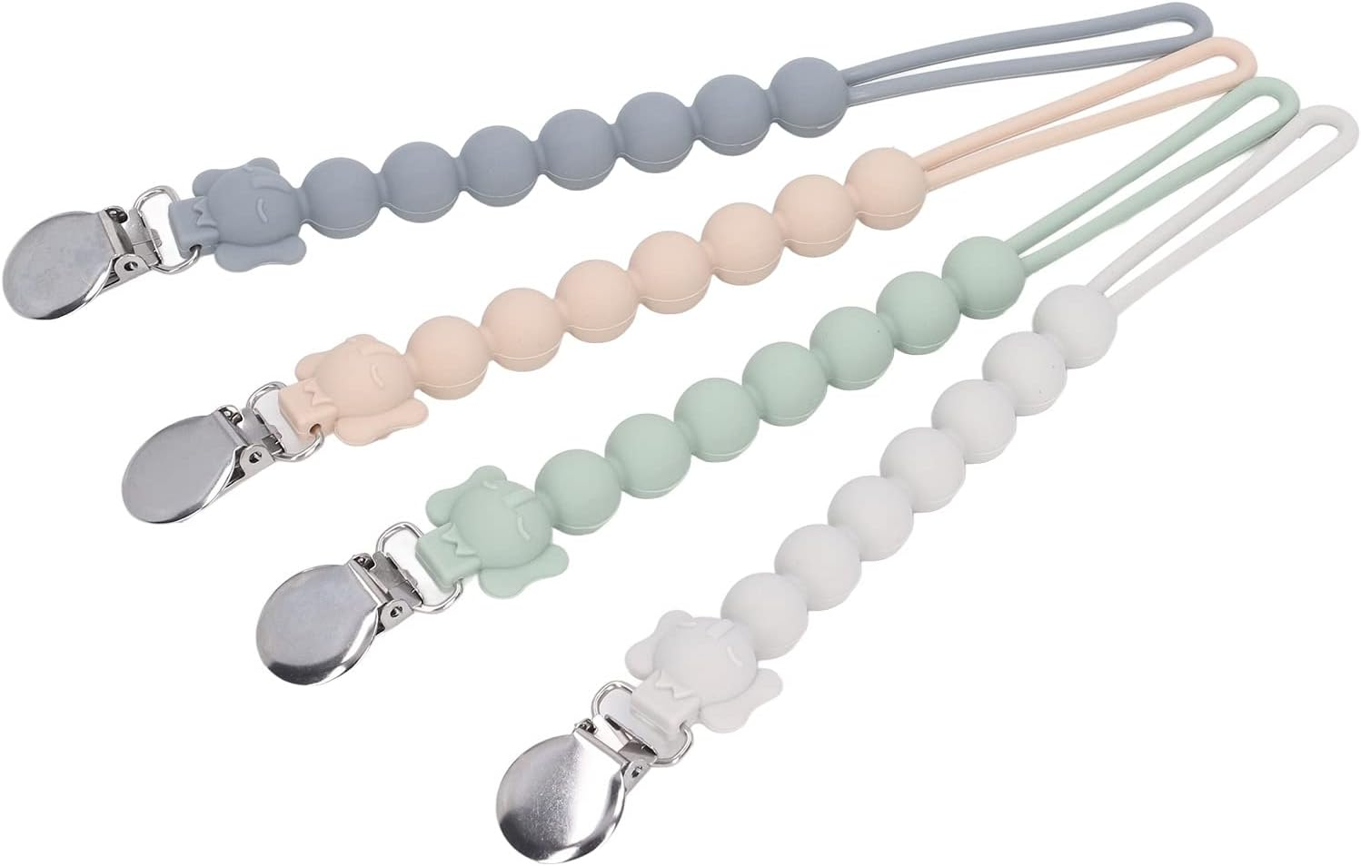 Changor Silicone Pacifier Chain, Elephant Design Secure Clamp Soft Silicone Pacifier Clips for Clothing Blankets Strollers Diaper Bags, 4 Colors (White Grey Green Pink) 23.6Cm 4Pcs image number 4