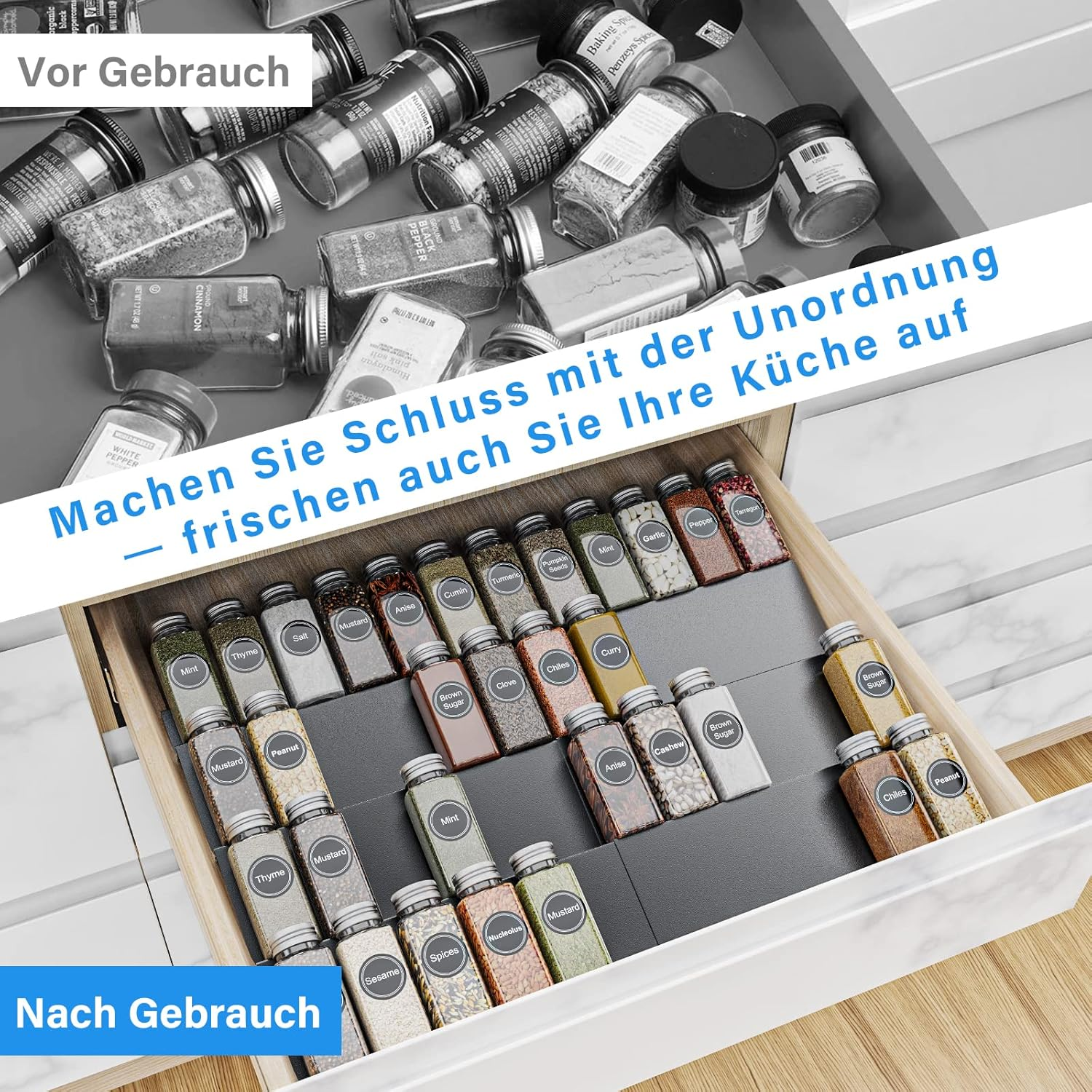 Wizsofer Spice Holder Drawer, Adjustable Expandable 4 Levels Metal Rack Organiser, from 29 Cm to 58 Spice Inserts