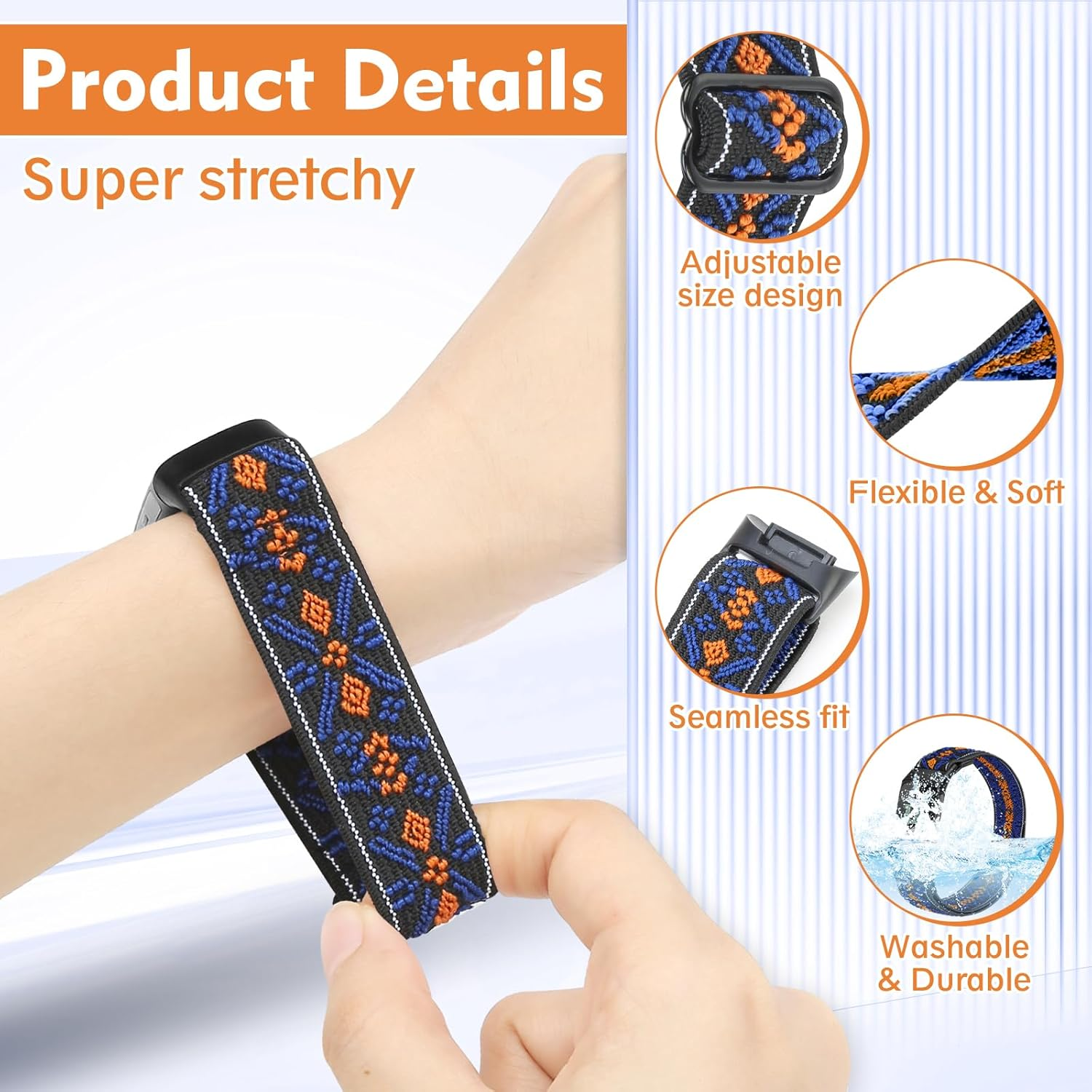 2 Pack Elastic Nylon Bands Compatible with Fitbit Charge 5/Charge 6 Adjustable Breathable Replacement Straps Soft Nylon Loop for Women Men - Black+Indigo image number 7