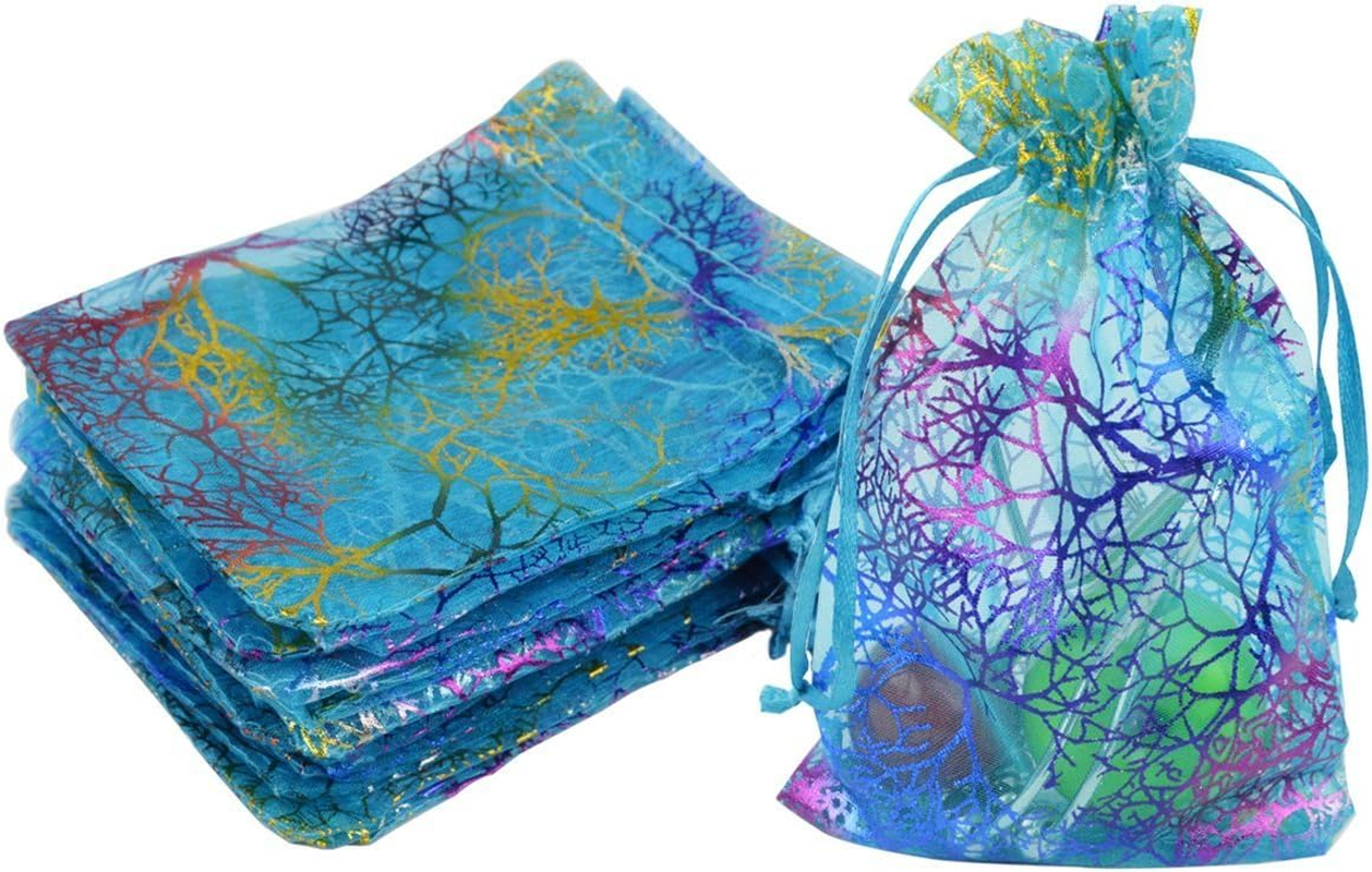 Marrywindix 100Pcs Blue Organza Drawstring Pouches Jewelry Bags, Candy Pouch Chocorate Pouch Party Wedding Favor Gift Bag image number 6