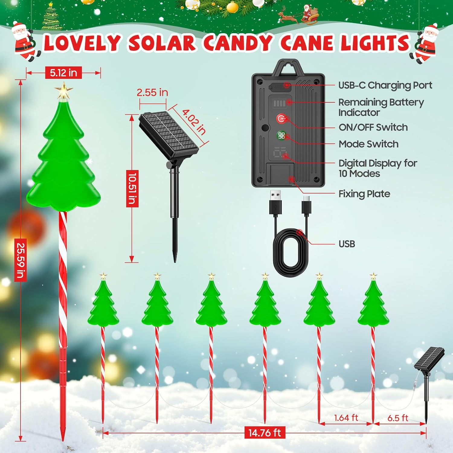 Ahaorigin Christmas Decorations, 6 Pack Colorful Solar Candy Cane Christmas Tree Lights with 10 Lighting Modes and Bright 102 LED, Waterproof Solar Light for Pathway Yard image number 3