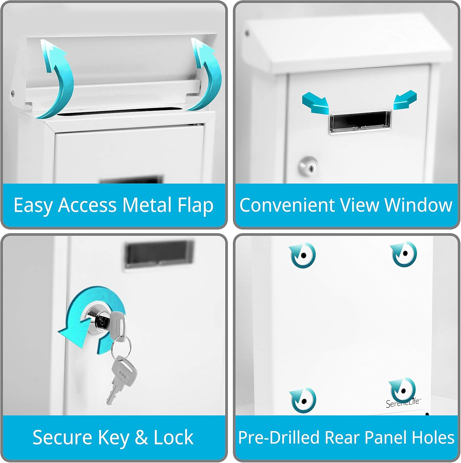Serenelife SLMAB01 Wall Mount Lockable Mailbox- Modern Outdoor Galvanized Metal Key Large Capacity- Commercial Rural Home Decorative & Office Business Parcel Box Packages Drop Slot Secure Lock, White, 10''X 3.9''X 12.4'' image number 3
