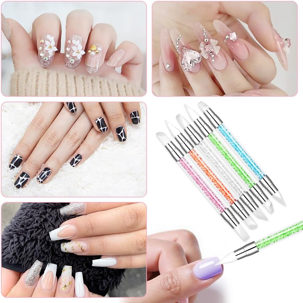 BUTBU Pack of 5 Silicone Brushes, Double End Nail Art Brush, Nail Design Brush, Painting Art Design Brush Set, Nail Dotting Drawing Tool, Silicone Modelling Brush Set for DIY Nail Art Design(A) image number 4