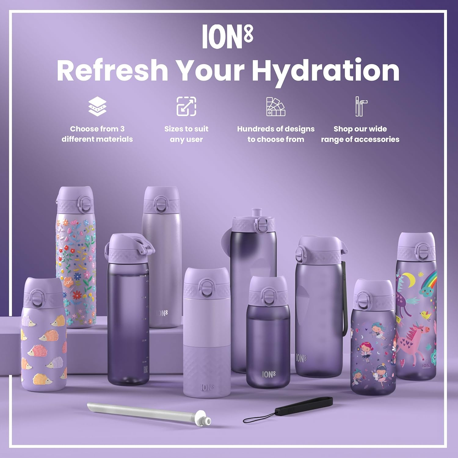 Ion8 Children'S Water Bottle, 350 Ml, Leak-Proof, One-Handed Opening, Secure Locking, Dishwasher Safe, Bpa-Free, Carry Handle, Folding Lid, Easy to Clean, Climate Neutral, Light Purple Unicorns image number 3