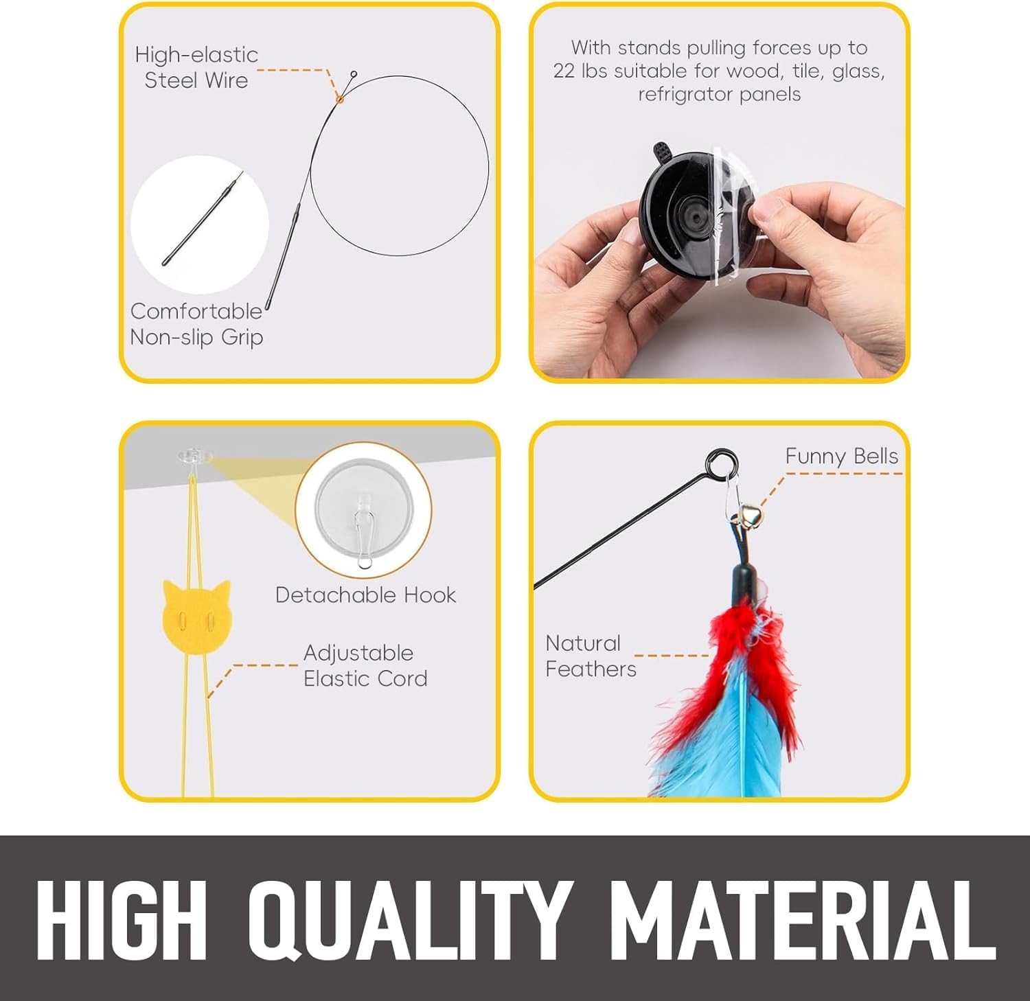 4-In-1 Interactive Cat Toys Set - Feather, String, Stick & Cat Wand Toys with 15 Replaceable Attachments for Indoor Kitten (Includes Super Suction Cup & Hanging Door Toy)