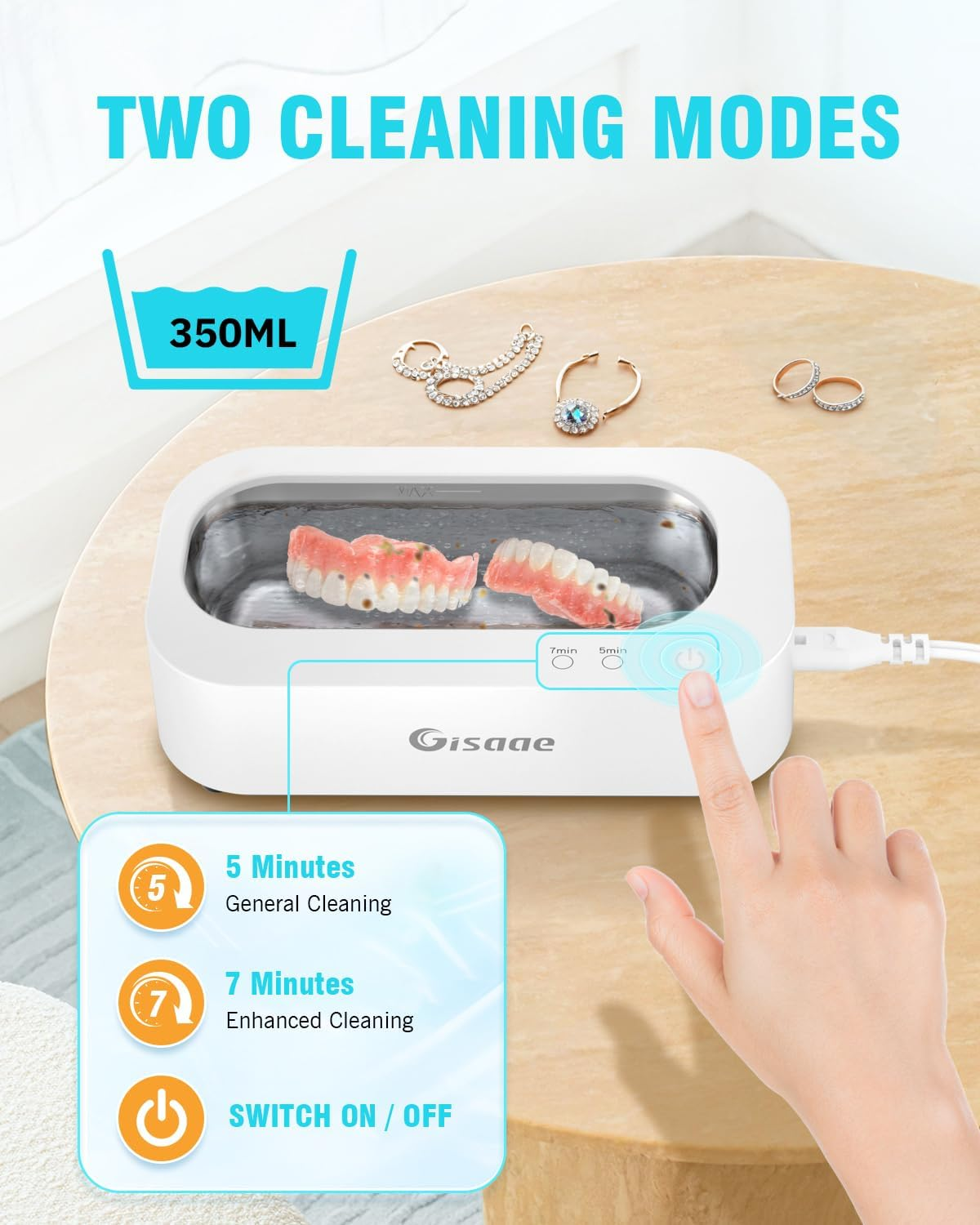 Gisaae Ultrasonic Jewelry Cleaner, 11.8Oz(350Ml) Portable Ultrasonic Cleaner with 2 Modes, 48Khz Jewelry Cleaner Ultrasonic Machine for Glasses, Ring, Watch Band, Retainer, Dentures, Coin, Razor image number 6