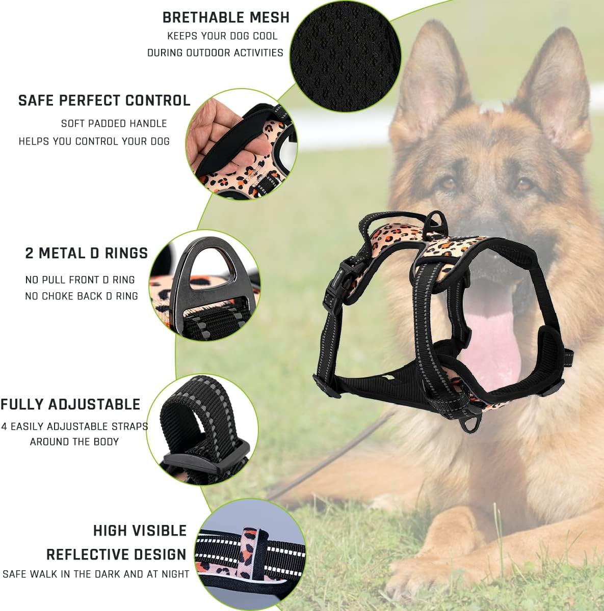 No Pull Dog Harness Front Range Reflective Pet Chest Harness with Easy to Control Padded Handle and 2 Buckles, Perfect for Daily Training (L, Pink Leopard)
