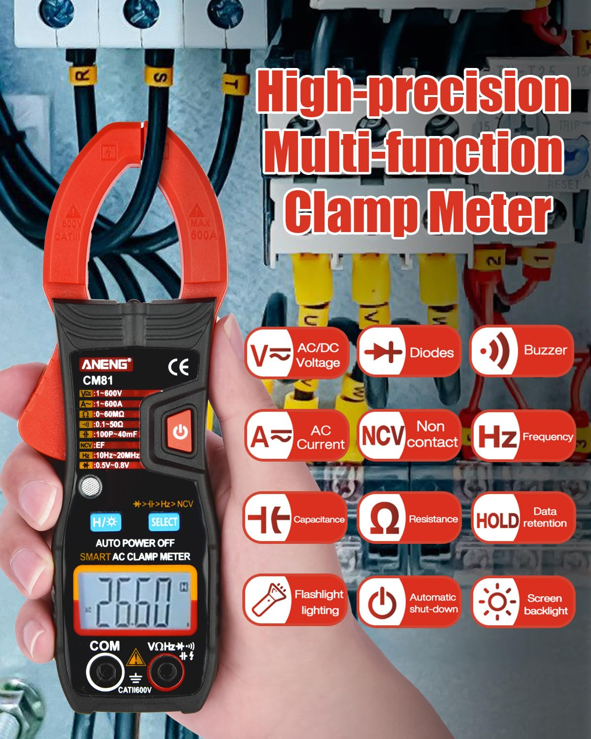 Digital Clamp Meter, Multimeter Voltage Tester Auto-Ranging 6000 Counts, Current Voltage Resistance Frequency Capacitance Temperature Diodes Continuity Duty-Cycle Tester Multimeter image number 1