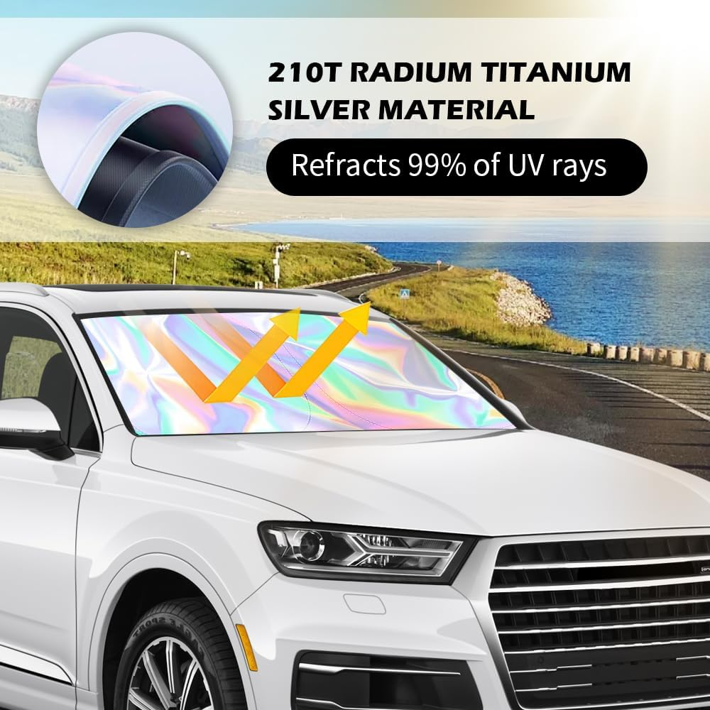 57.09 * 31.5" Windshield Sun Shade Foldable,Upgraded 210T Radium Titanium Silver Car Windshield Cover with Storage Pouch for Automotive Interior Protection,Universal Car Sun Shade